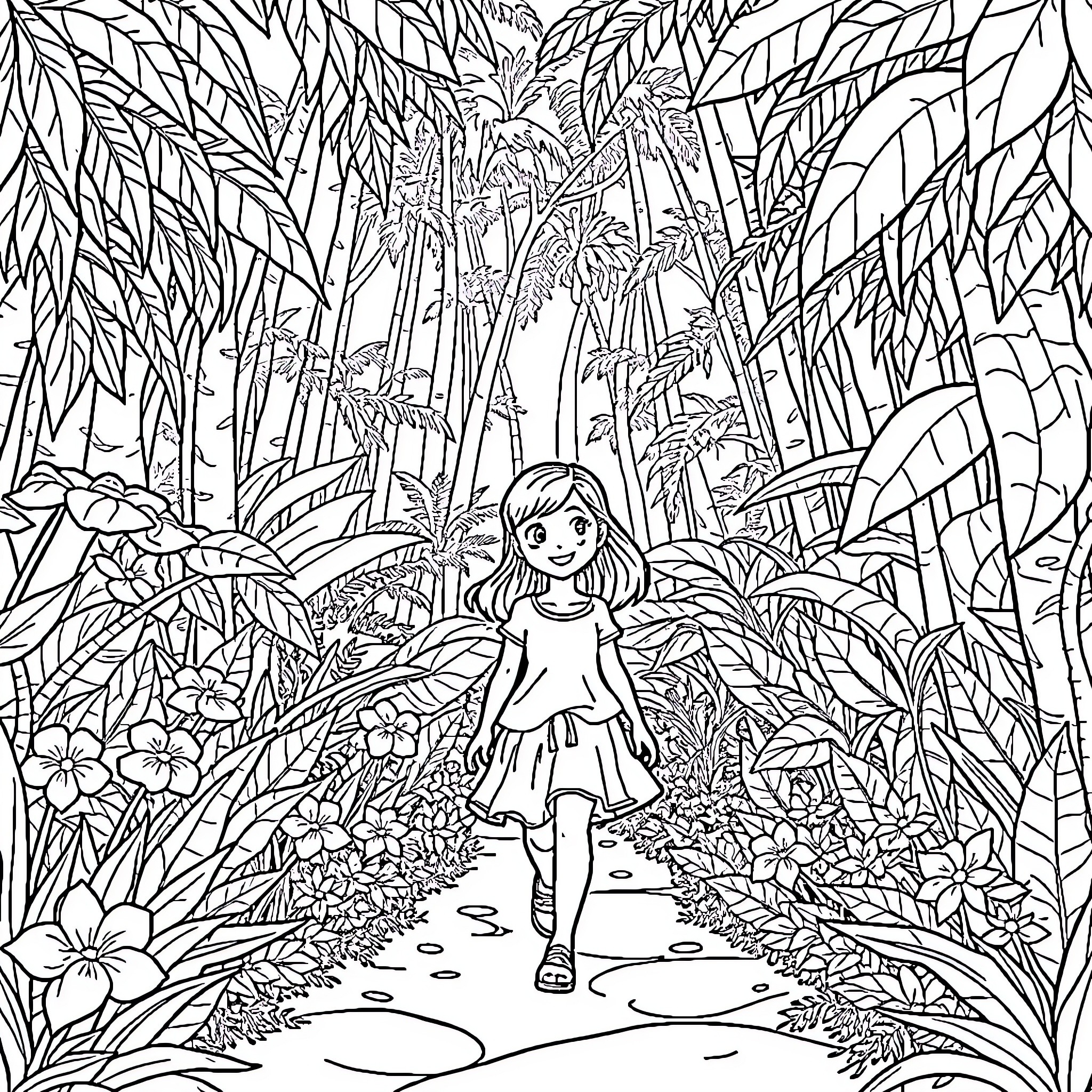 Girl Exploring Vibrant Jungle Landscape Coloring Page (free black-and-white line drawing printable PDF for all, from beginners to advanced learners, including children, teens, adults, and seniors)