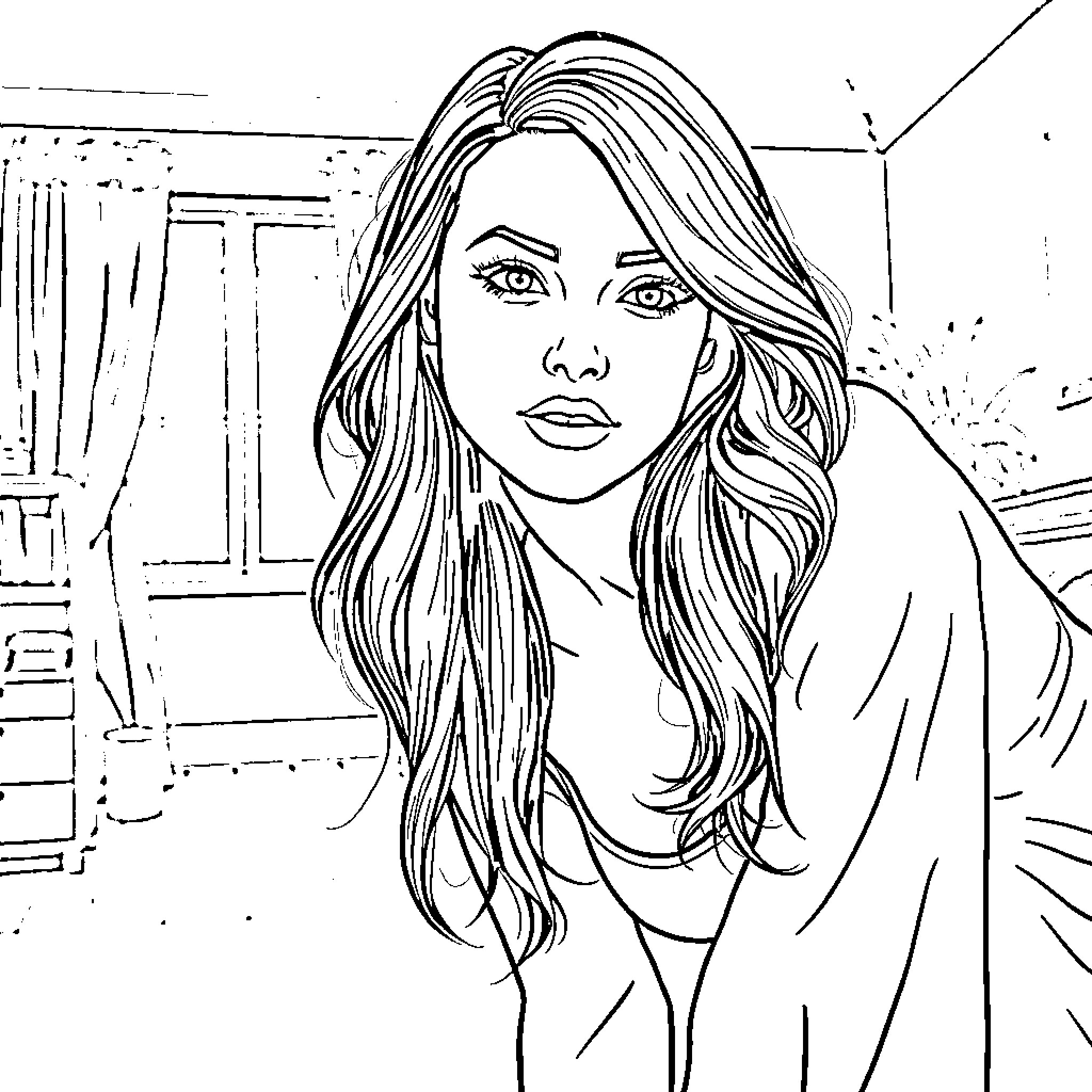 Woman with flowing hair and serious expression Coloring Page (free black-and-white line drawing printable PDF for all, from beginners to advanced learners, including children, teens, adults, and seniors)