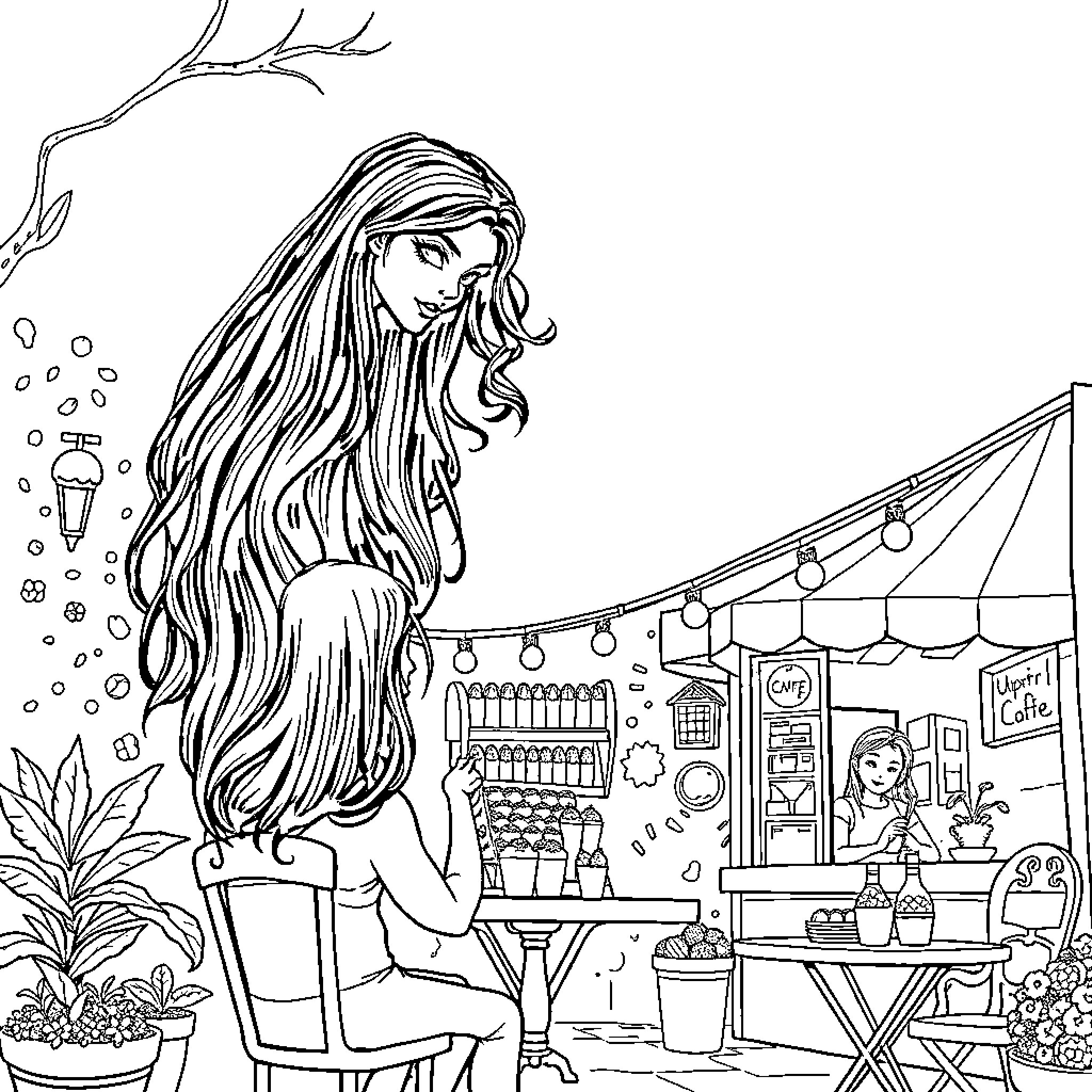 Vampire girl relaxing in outdoor café scene Coloring Page (free black-and-white line drawing printable PDF for all, from beginners to advanced learners, including children, teens, adults, and seniors)