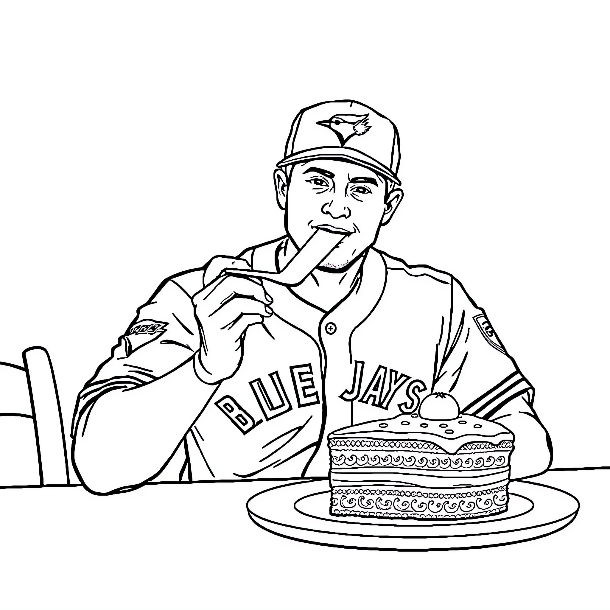 Joueur enjoys birthday cake in the dugout Coloring Page (free black-and-white line drawing printable PDF for all, from beginners to advanced learners, including children, teens, adults, and seniors)
