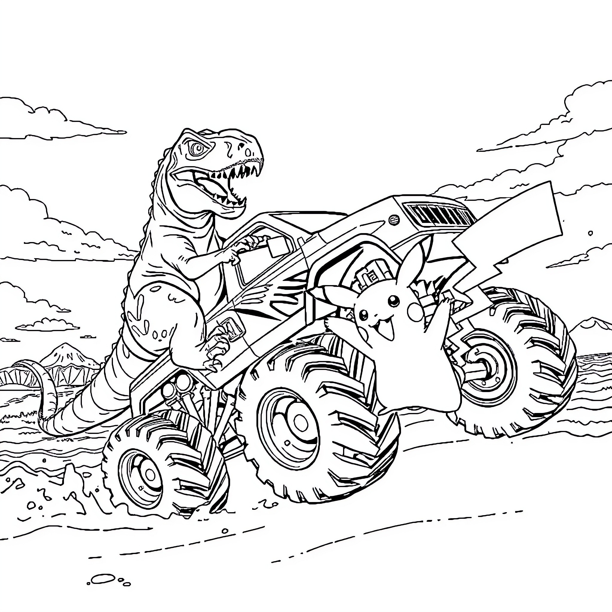 T-Rex Riding Monster Truck in the Wild Coloring Page (free black-and-white line drawing printable PDF for all, from beginners to advanced learners, including children, teens, adults, and seniors)