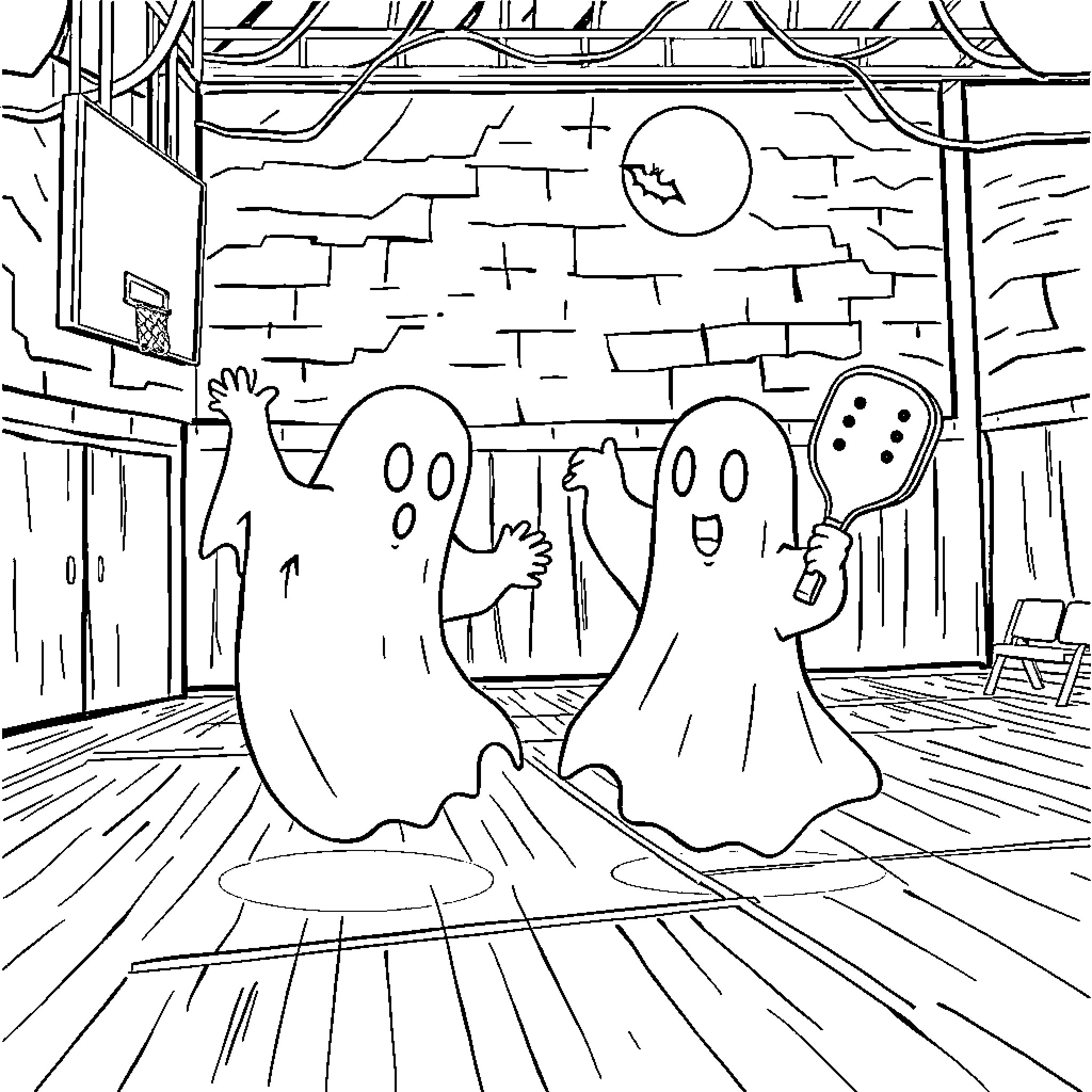 Ghost Figures Dancing Joyfully in Haunted House Coloring Page (free black-and-white line drawing printable PDF for all, from beginners to advanced learners, including children, teens, adults, and seniors)