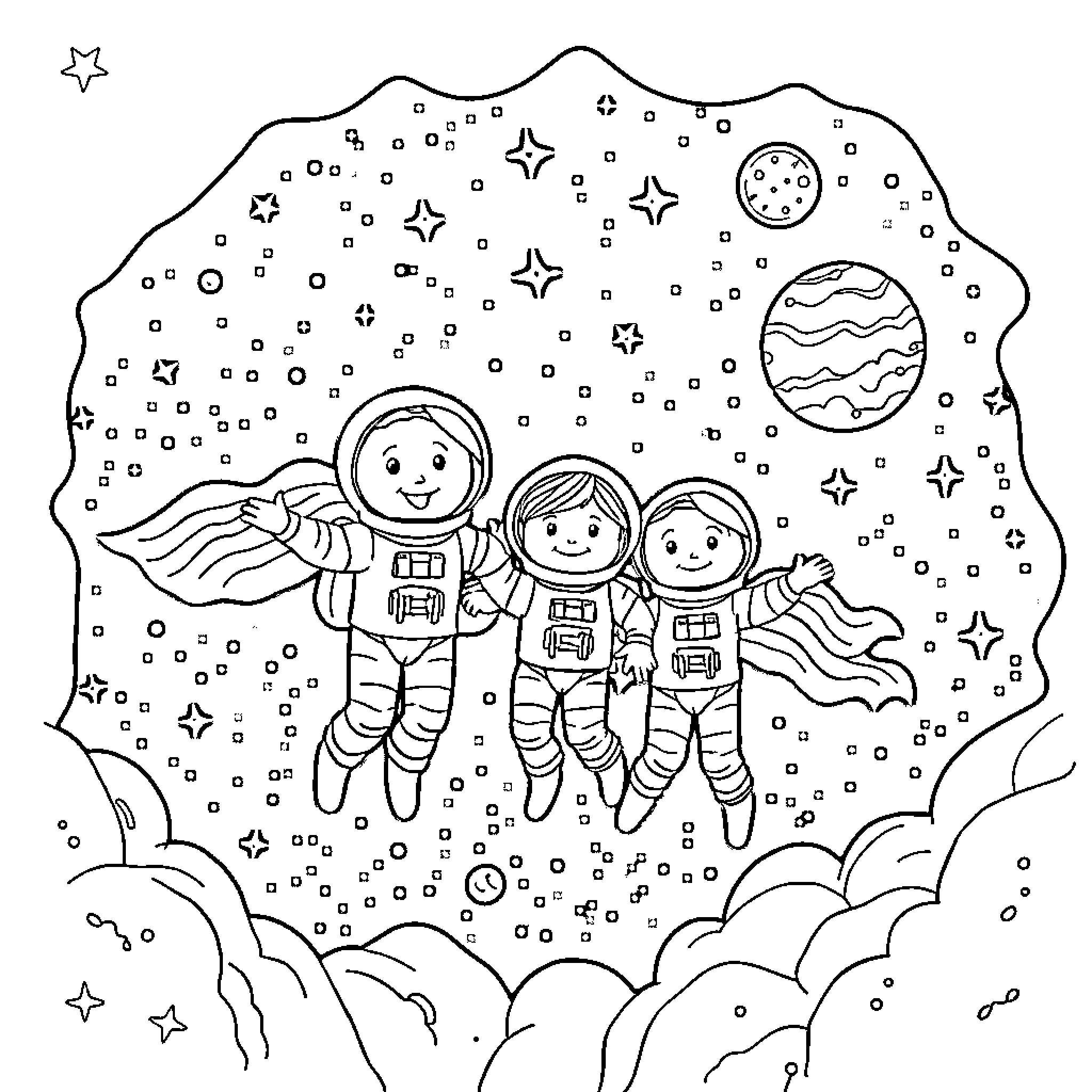 Rainbow Friend Floating in Space with Astronauts Coloring Page (free black-and-white line drawing printable PDF for all, from beginners to advanced learners, including children, teens, adults, and seniors)