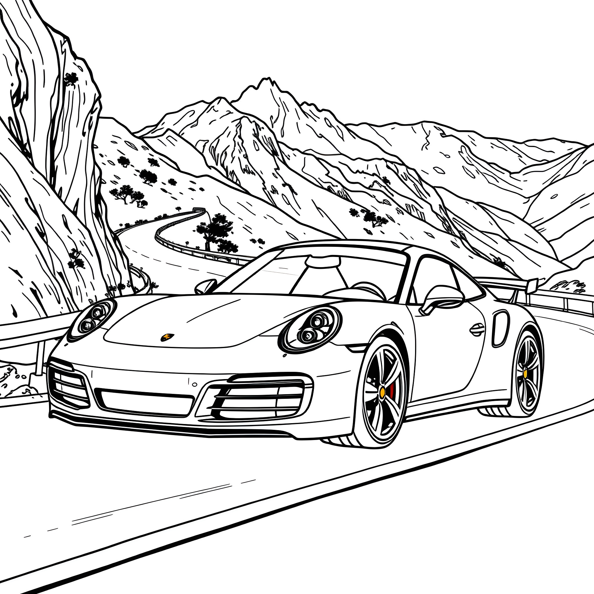 Porsche sports car speeding through winding mountain roads Coloring Page (free black-and-white line drawing printable PDF for all, from beginners to advanced learners, including children, teens, adults, and seniors)