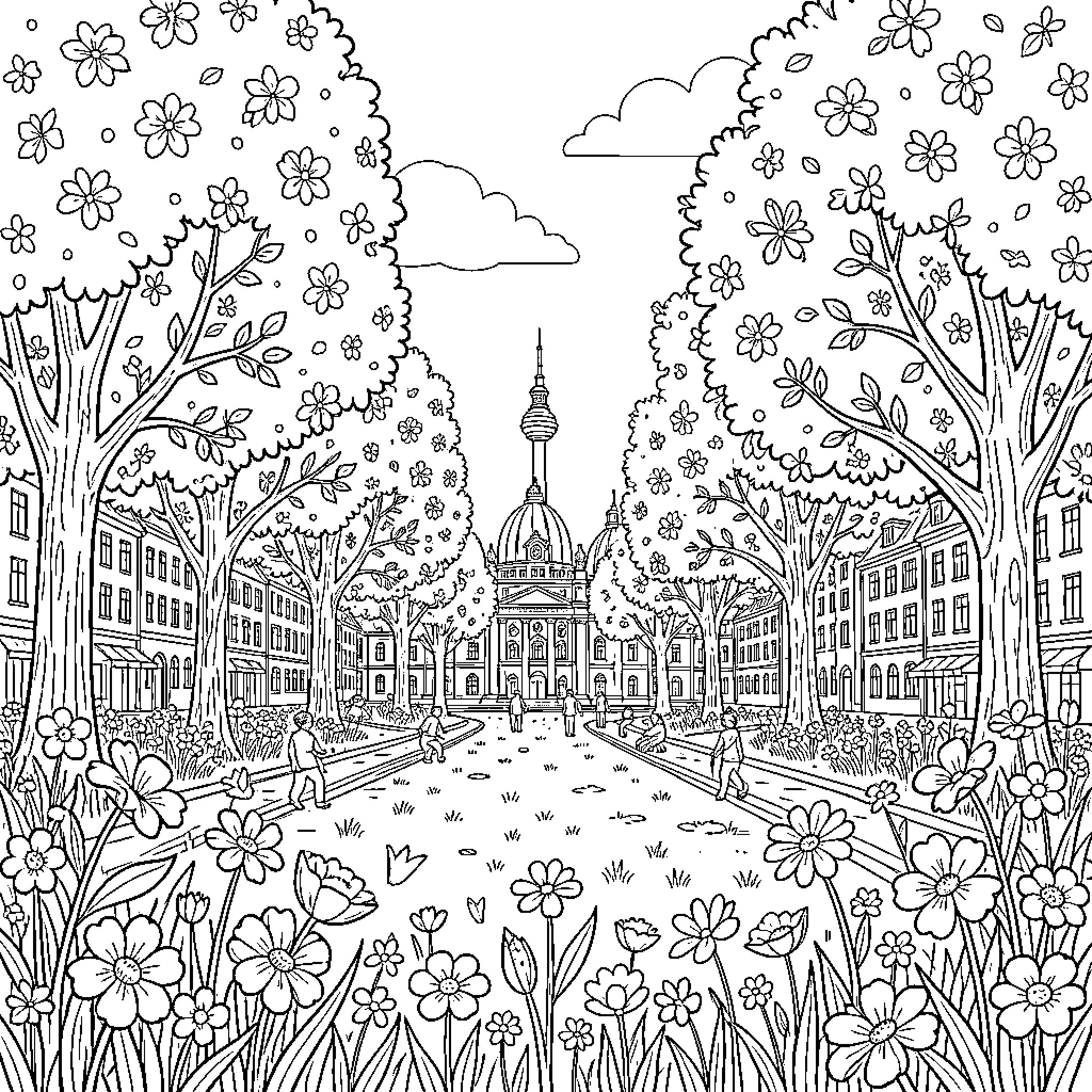 Berlin City Stroll Amid Floral Landscapes Coloring Page (free black-and-white line drawing printable PDF for all, from beginners to advanced learners, including children, teens, adults, and seniors)