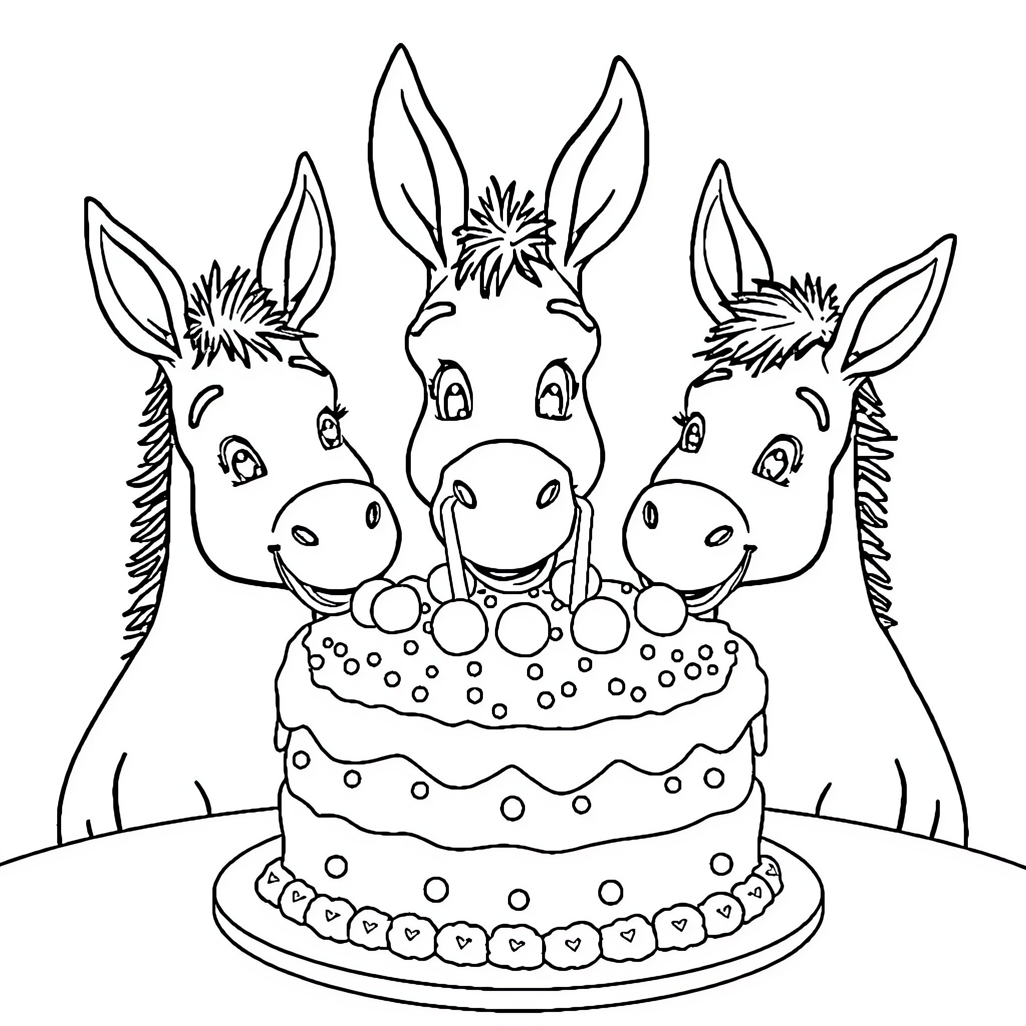 Donkeys celebrating with a birthday cake Coloring Page (free black-and-white line drawing printable PDF for all, from beginners to advanced learners, including children, teens, adults, and seniors)