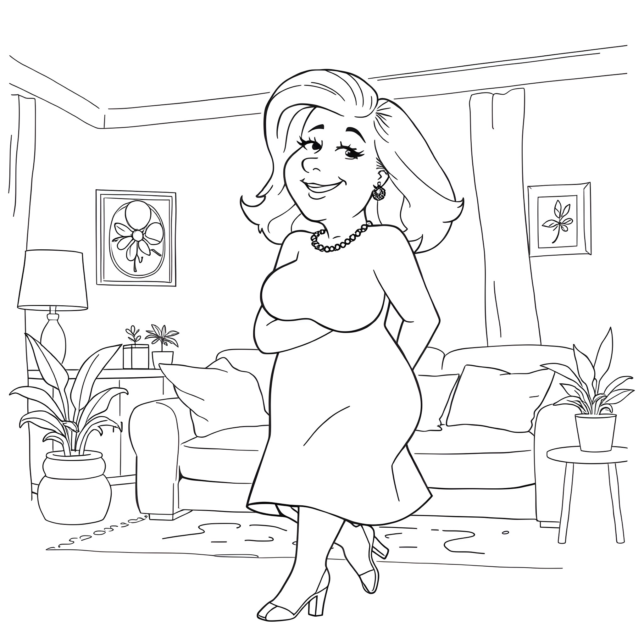 Lois posing confidently in a cozy living room Coloring Page (free black-and-white line drawing printable PDF for all, from beginners to advanced learners, including children, teens, adults, and seniors)