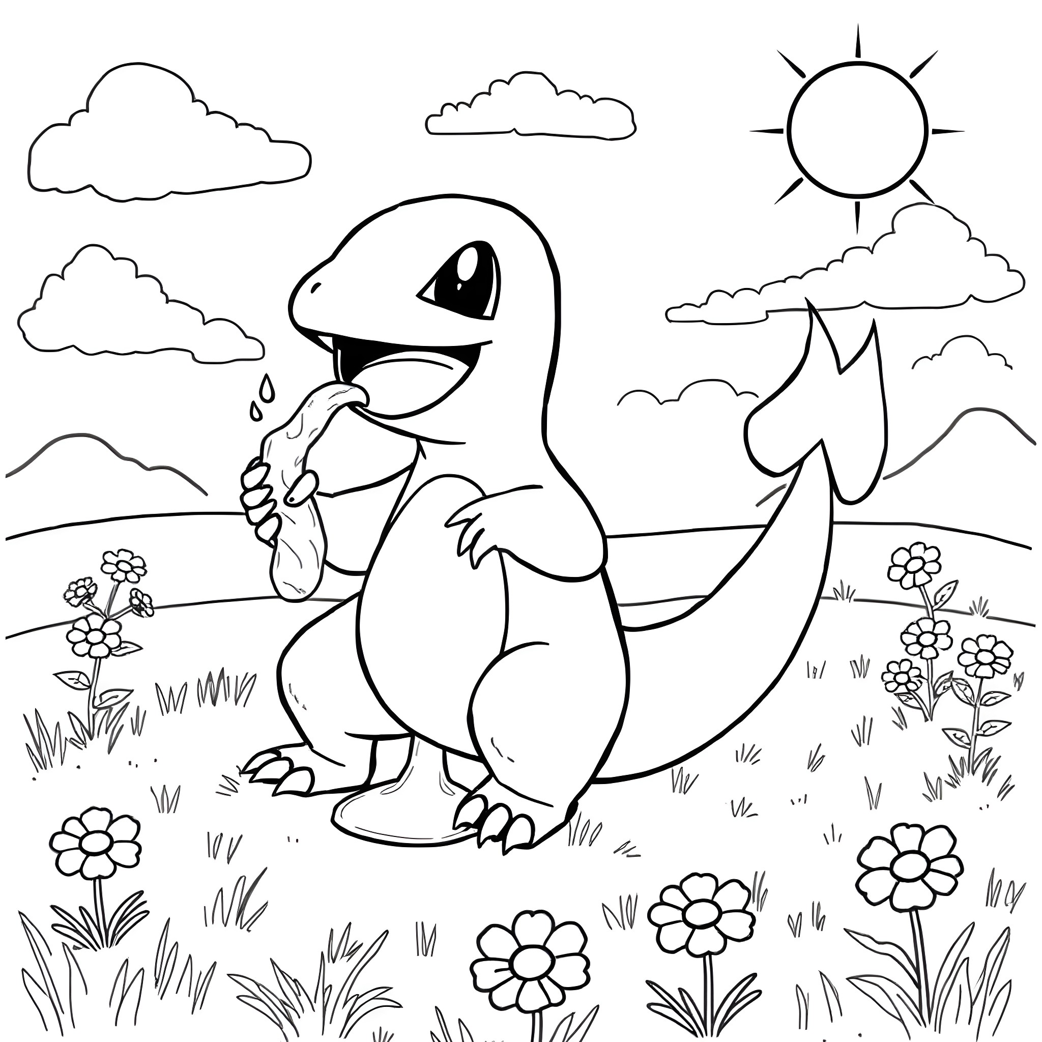 Charmander exploring the sunny meadow Coloring Page (free black-and-white line drawing printable PDF for all, from beginners to advanced learners, including children, teens, adults, and seniors)