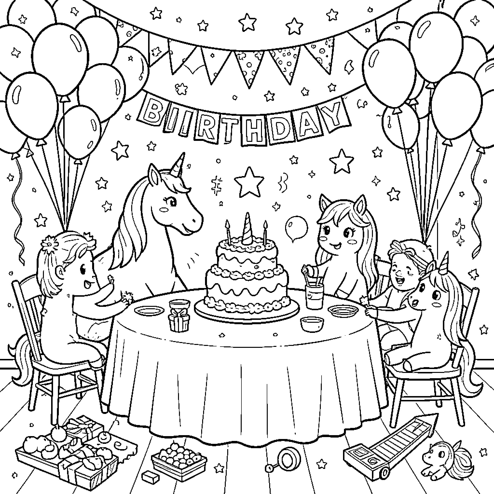 Unicorns and children celebrating a birthday party Coloring Page (free black-and-white line drawing printable PDF for all, from beginners to advanced learners, including children, teens, adults, and seniors)