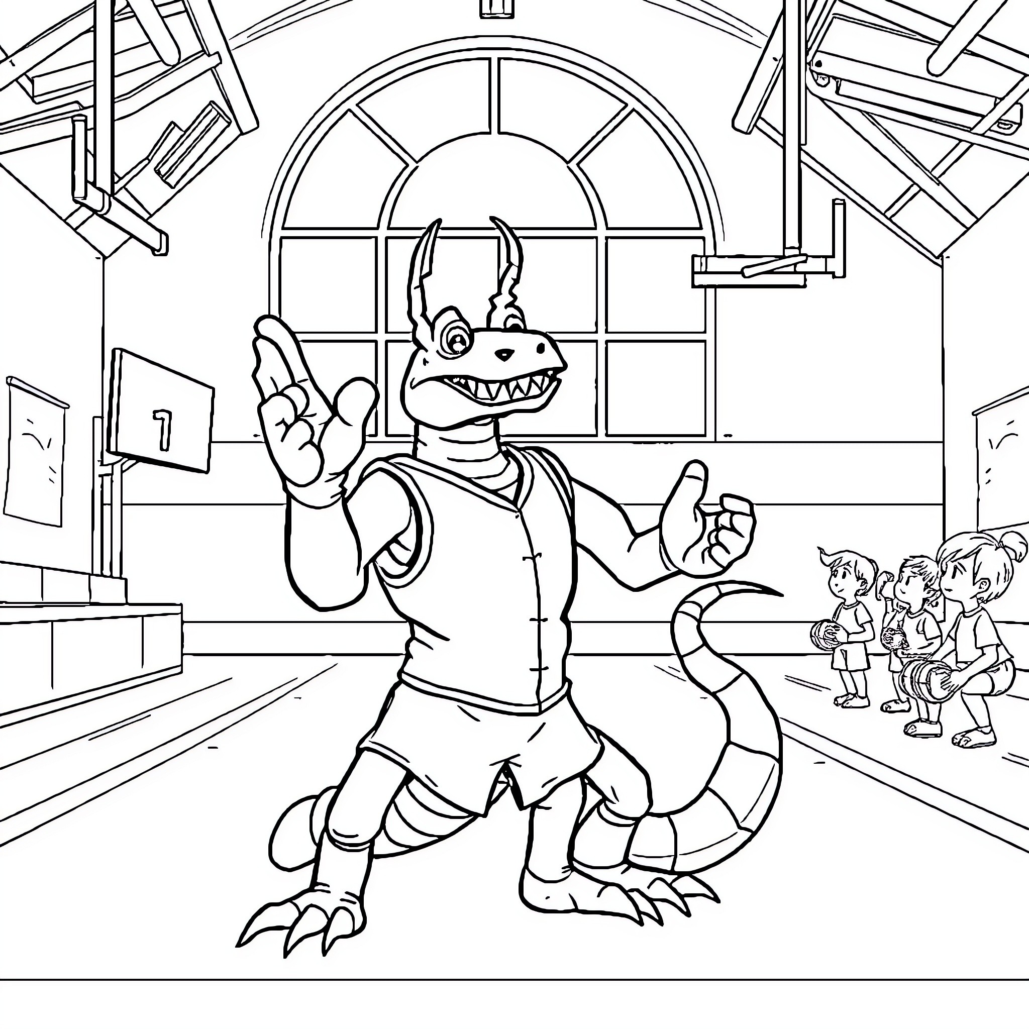 Scorpion protagonist performing for onlookers Coloring Page (free black-and-white line drawing printable PDF for all, from beginners to advanced learners, including children, teens, adults, and seniors)