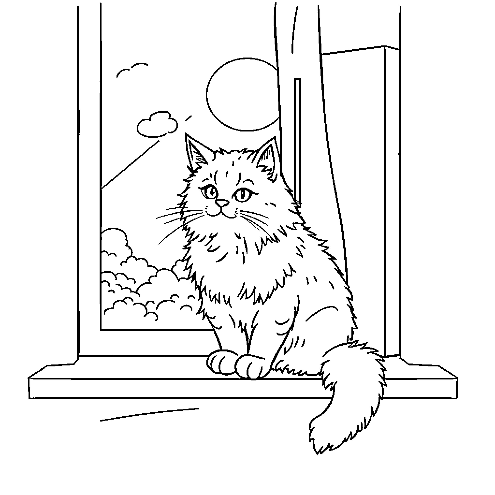 Cat sitting on window sill Coloring Page (free black-and-white line drawing printable PDF for all, from beginners to advanced learners, including children, teens, adults, and seniors)