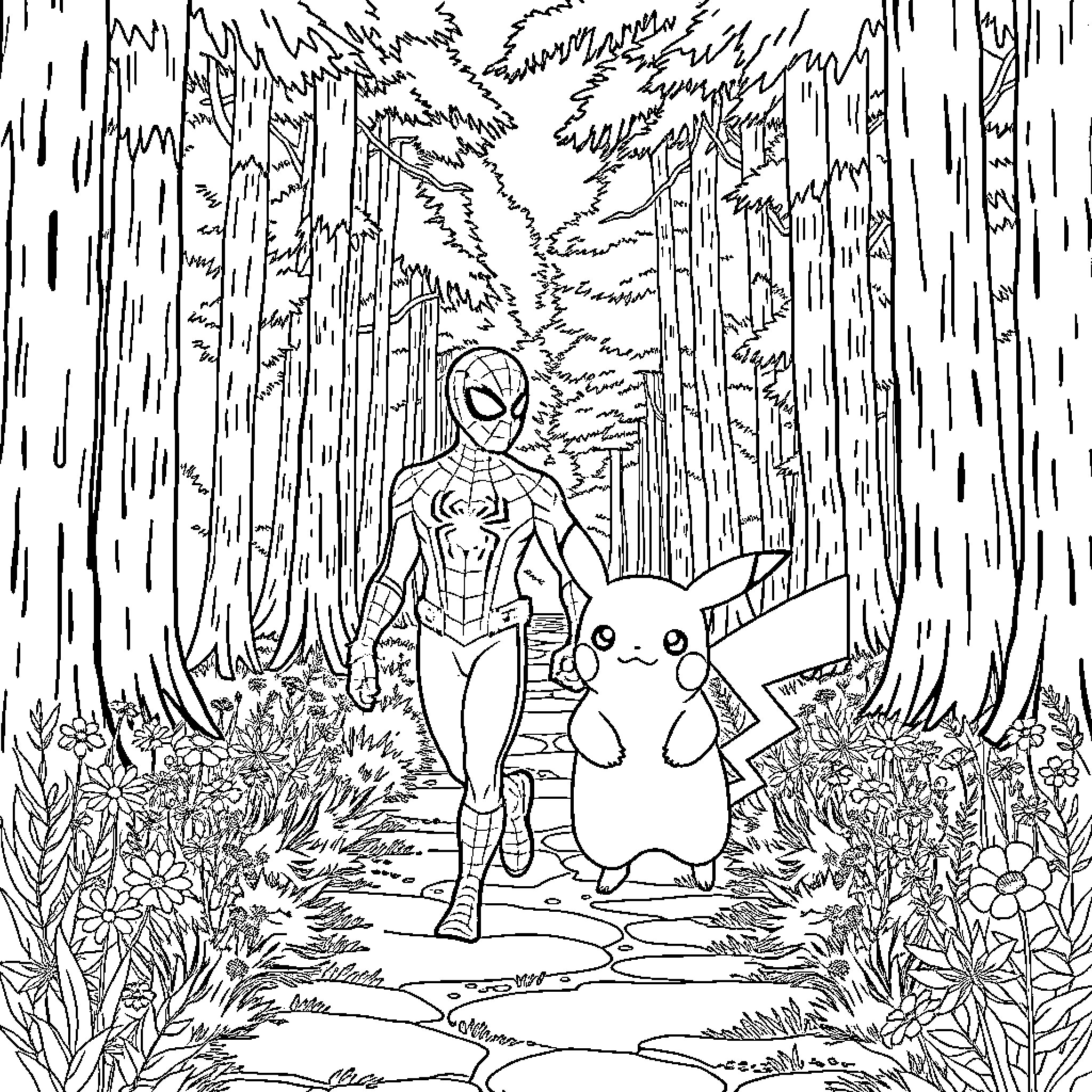 Spider-Man Exploring the Enchanted Forest with Pikachu Coloring Page (free black-and-white line drawing printable PDF for all, from beginners to advanced learners, including children, teens, adults, and seniors)
