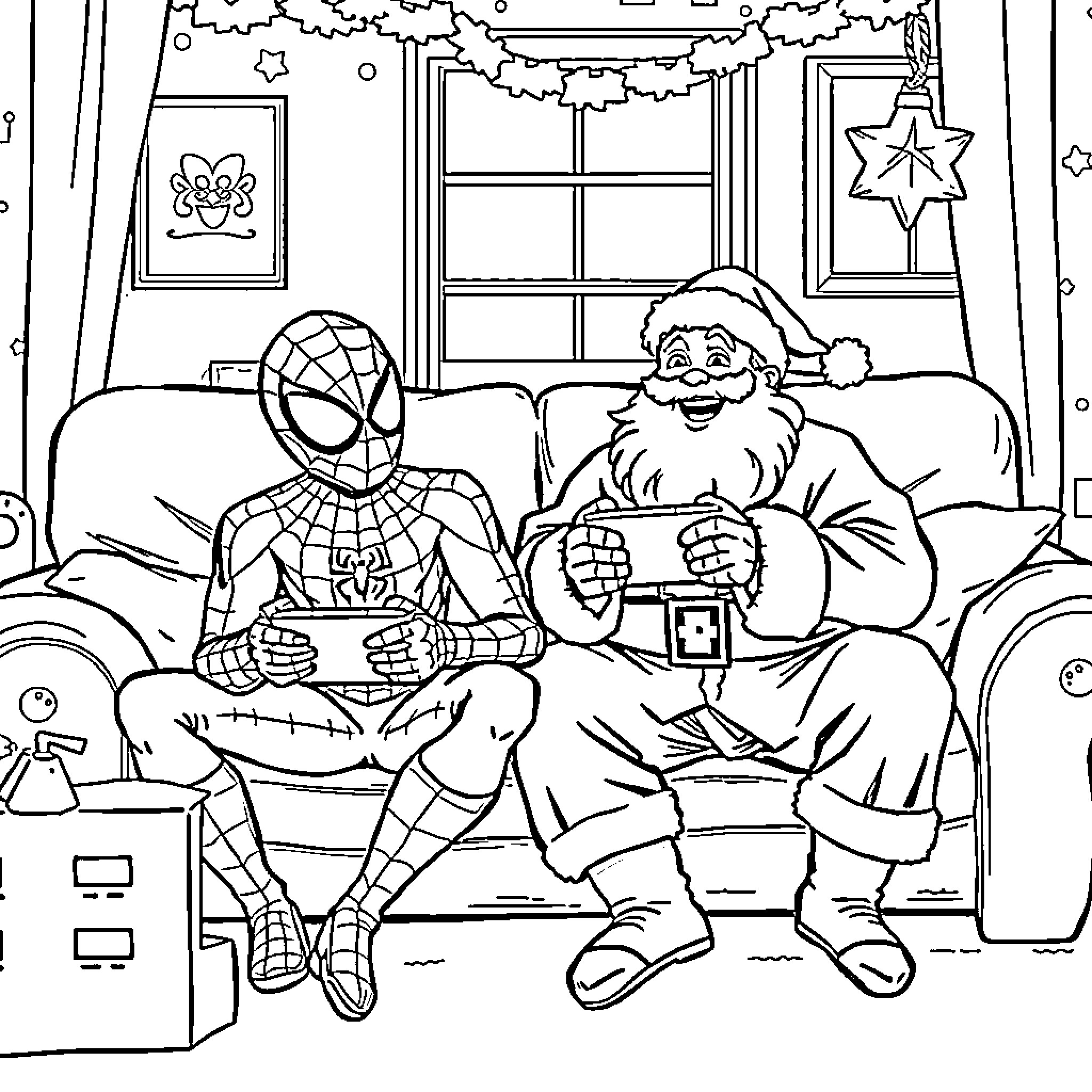Spiderman and Santa Claus Enjoying Christmas Together Coloring Page (free black-and-white line drawing printable PDF for all, from beginners to advanced learners, including children, teens, adults, and seniors)