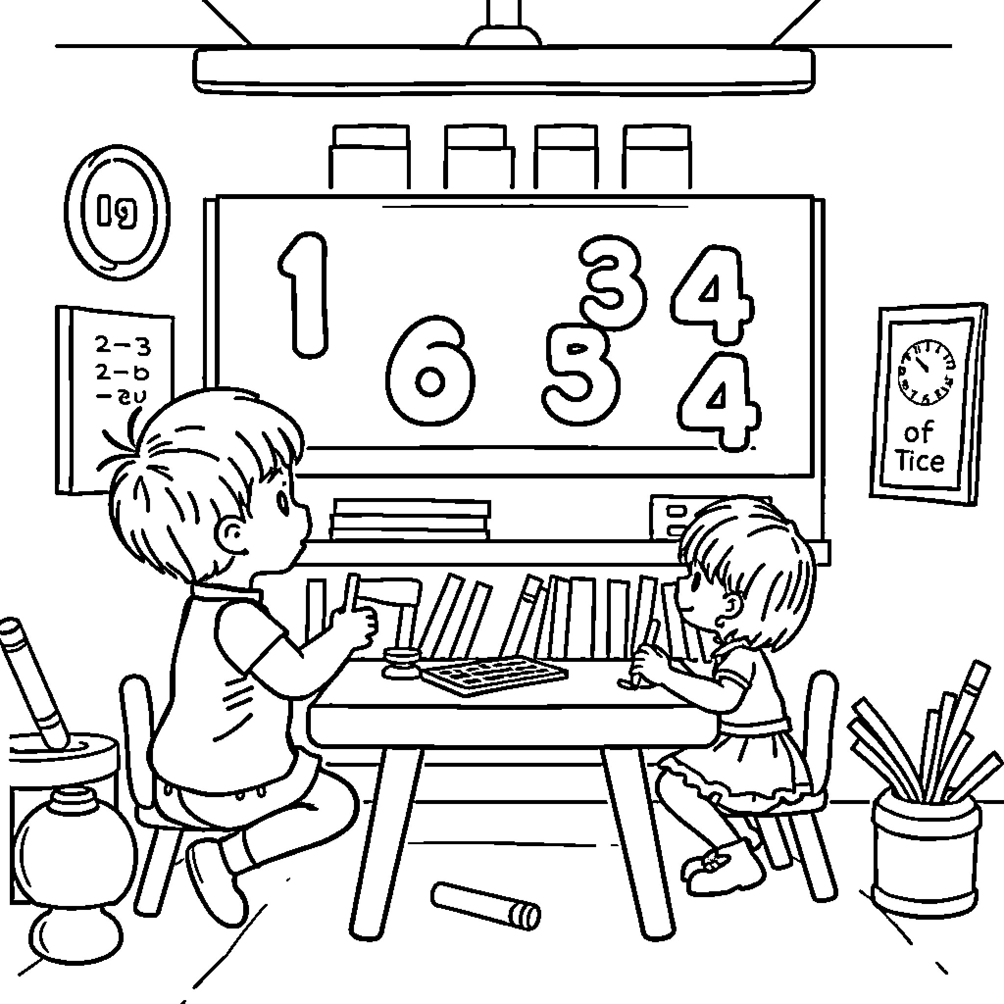 Number Two students learning at classroom desk Coloring Page (free black-and-white line drawing printable PDF for all, from beginners to advanced learners, including children, teens, adults, and seniors)