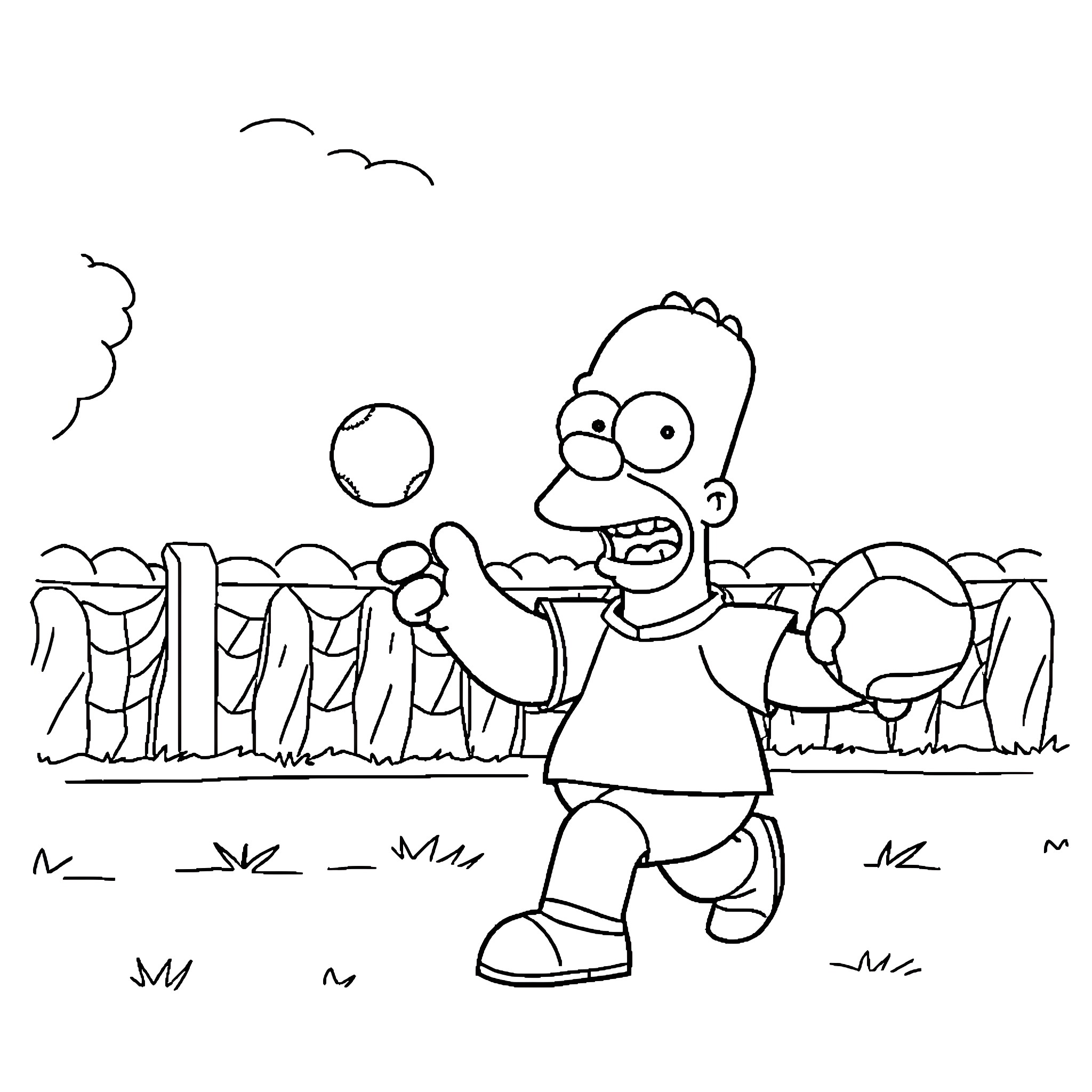 Homer Surprises with Comical Antics in Cartoon Landscape Coloring Page (free black-and-white line drawing printable PDF for all, from beginners to advanced learners, including children, teens, adults, and seniors)
