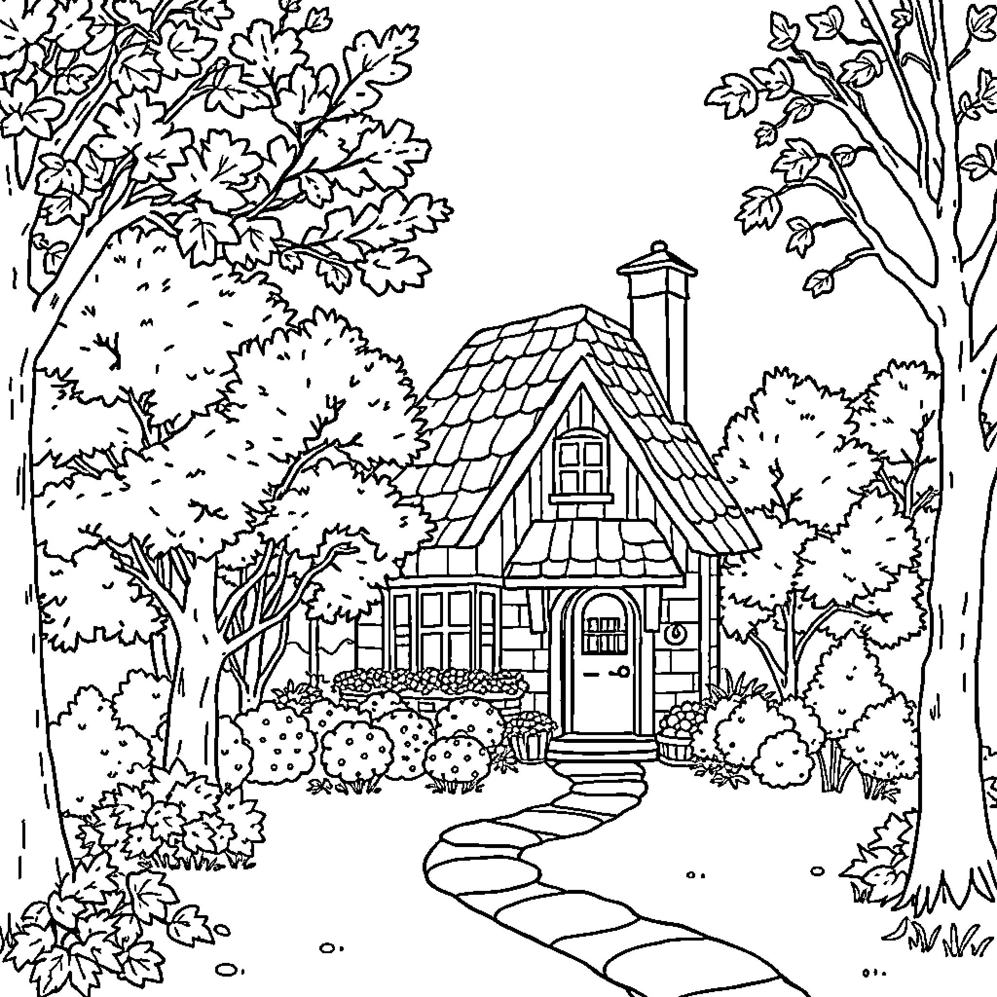 Cottage nestled in a lush, wooded landscape Coloring Page (free black-and-white line drawing printable PDF for all, from beginners to advanced learners, including children, teens, adults, and seniors)
