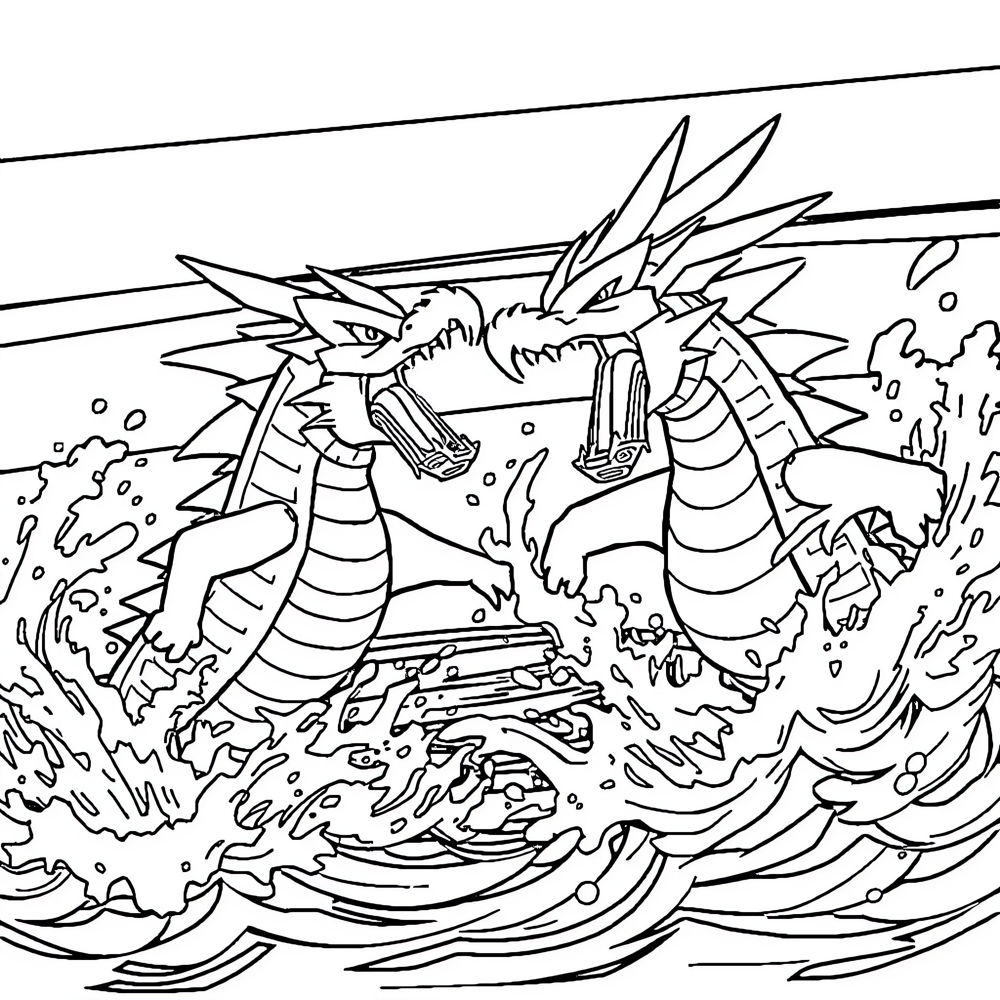 Gyarados raging in the stormy ocean Coloring Page (free black-and-white line drawing printable PDF for all, from beginners to advanced learners, including children, teens, adults, and seniors)