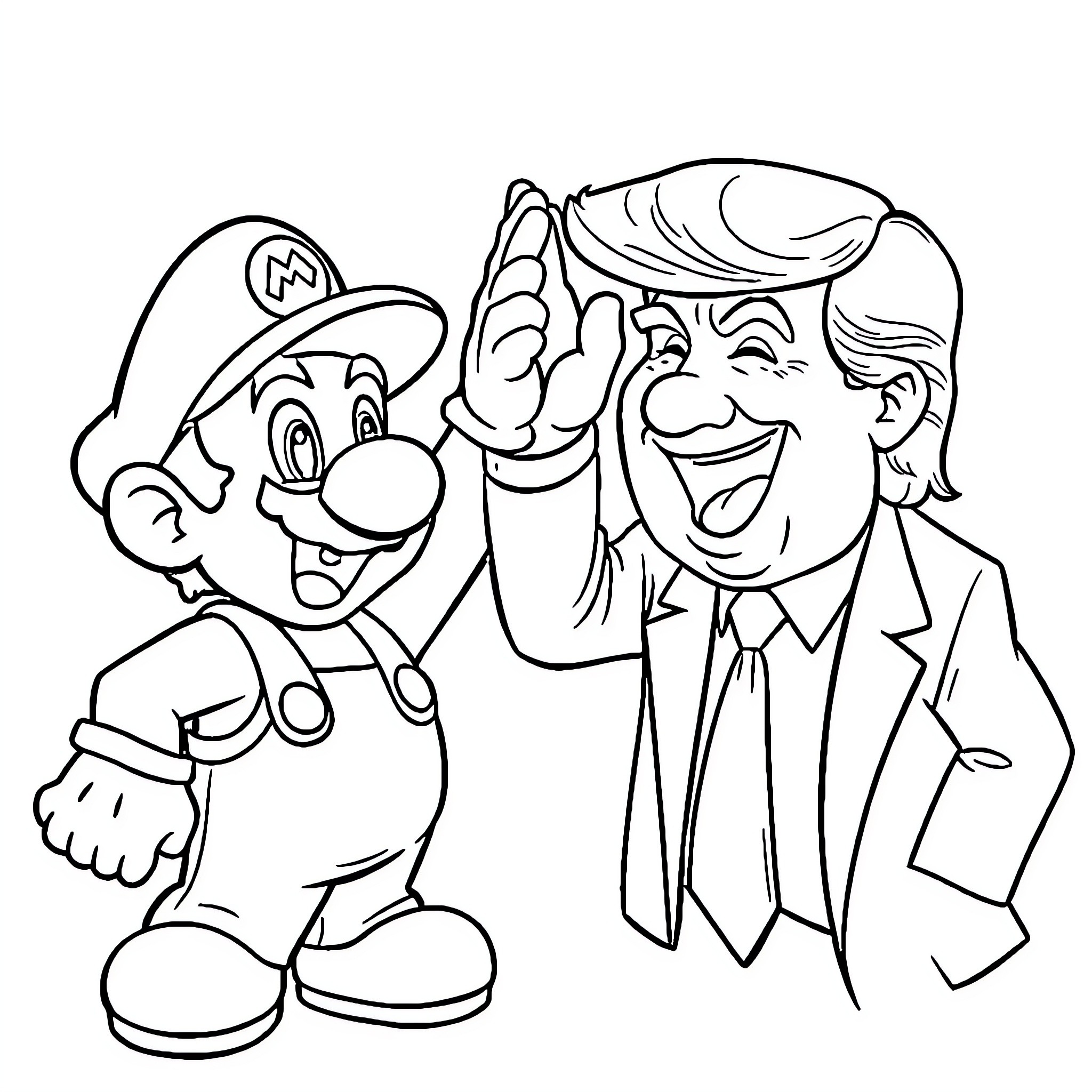 Mario and a Smiling Man in Formal Attire Coloring Page (free black-and-white line drawing printable PDF for all, from beginners to advanced learners, including children, teens, adults, and seniors)