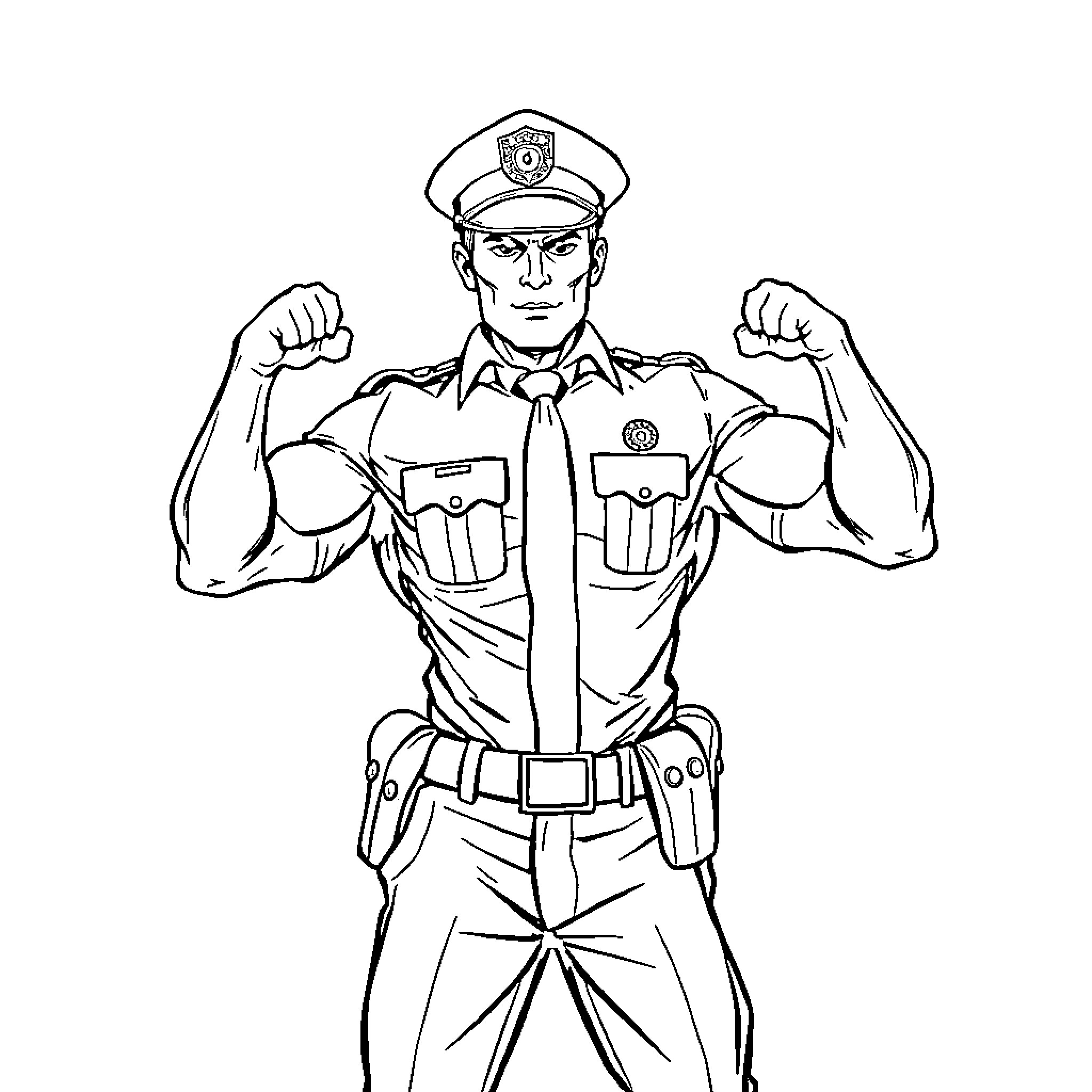 Cop flexing muscles in uniform Coloring Page (free black-and-white line drawing printable PDF for all, from beginners to advanced learners, including children, teens, adults, and seniors)