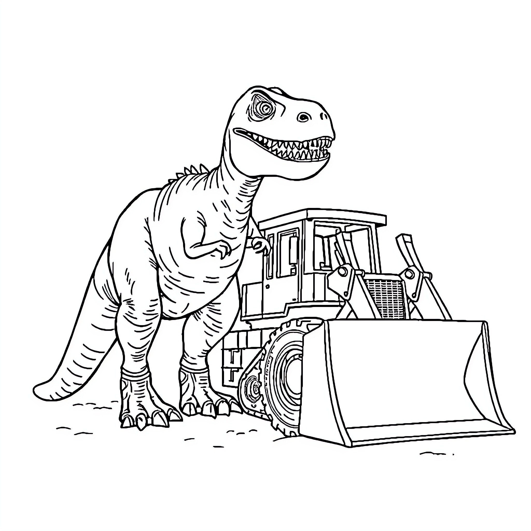 Indominus Rex operating a heavy machinery Coloring Page (free black-and-white line drawing printable PDF for all, from beginners to advanced learners, including children, teens, adults, and seniors)
