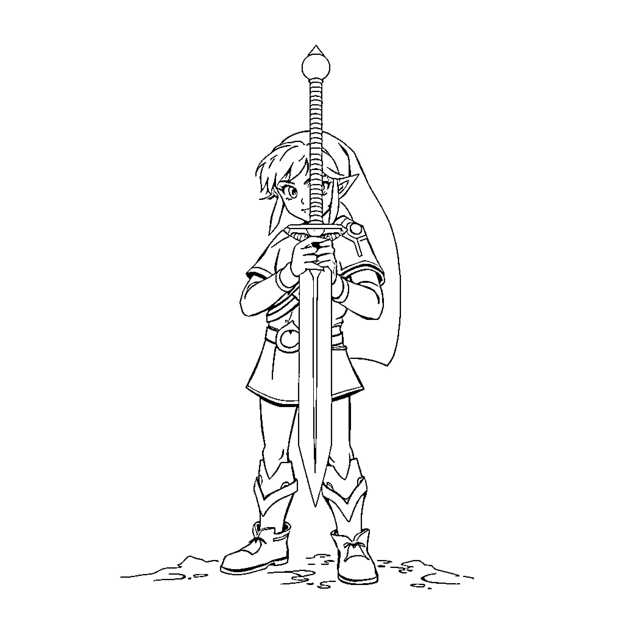 Link holding a sword with determination Coloring Page (free black-and-white line drawing printable PDF for all, from beginners to advanced learners, including children, teens, adults, and seniors)
