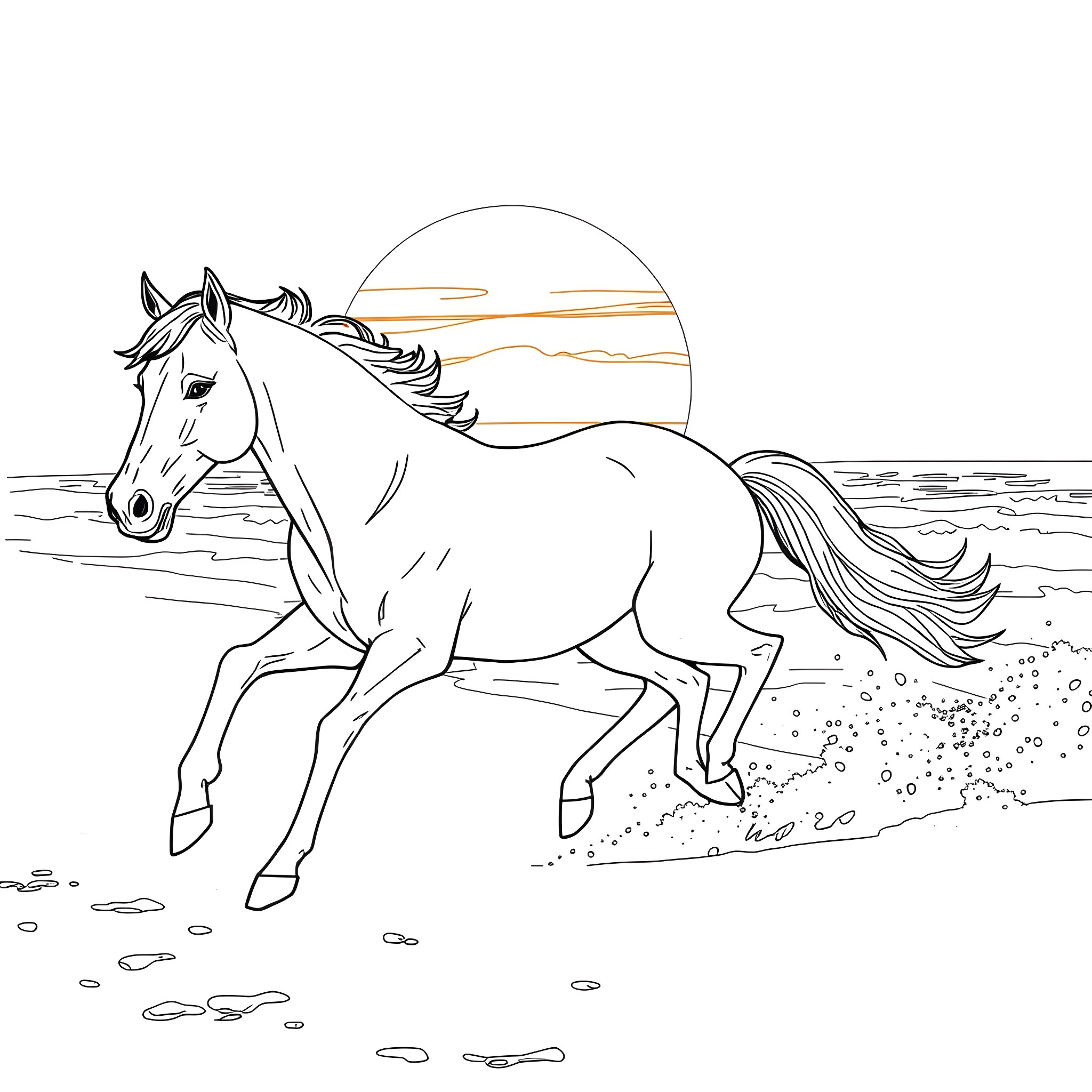 Horse galloping through a serene sunset landscape Coloring Page (free black-and-white line drawing printable PDF for all, from beginners to advanced learners, including children, teens, adults, and seniors)