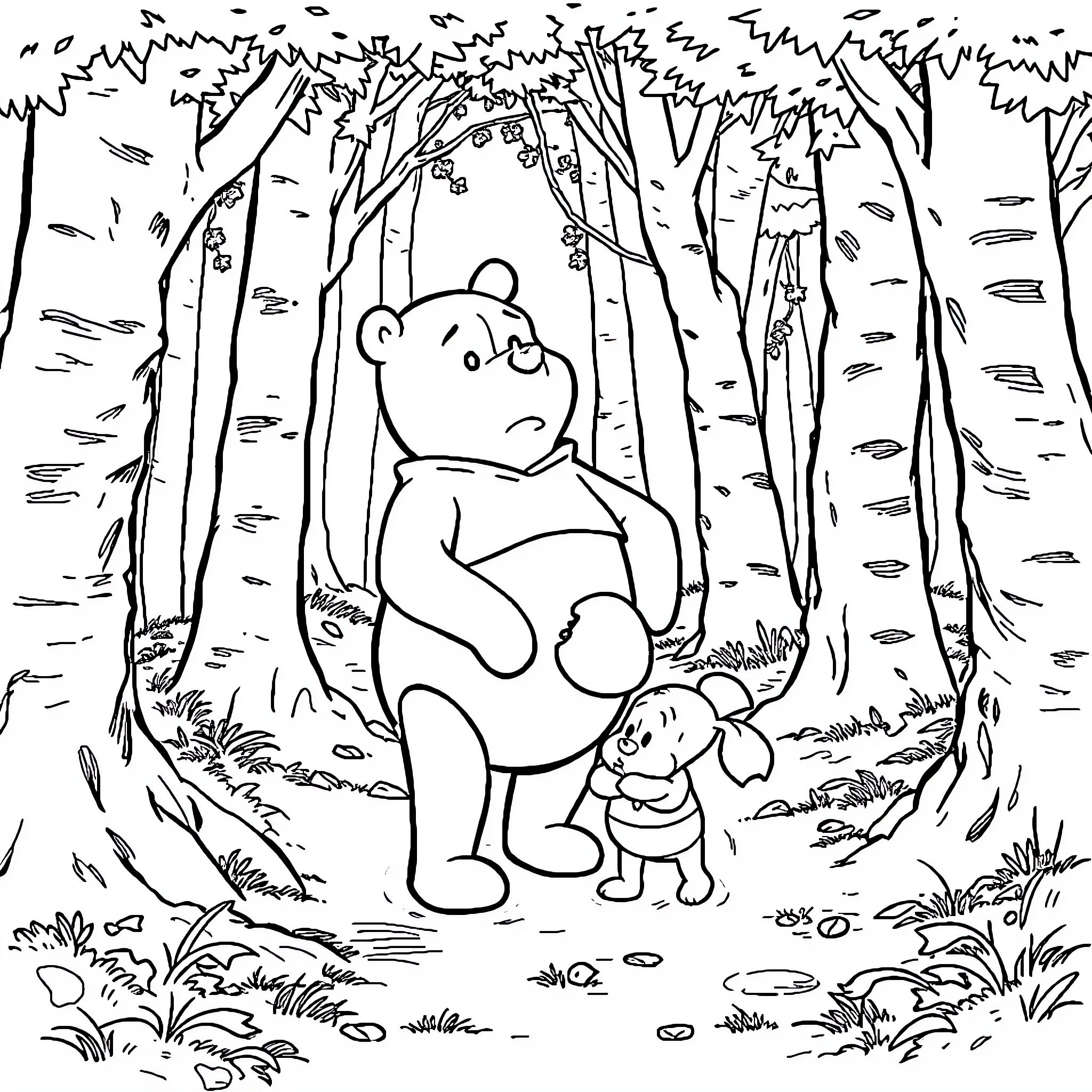 Winnie The Pooh and friend explore enchanted forest Coloring Page (free black-and-white line drawing printable PDF for all, from beginners to advanced learners, including children, teens, adults, and seniors)