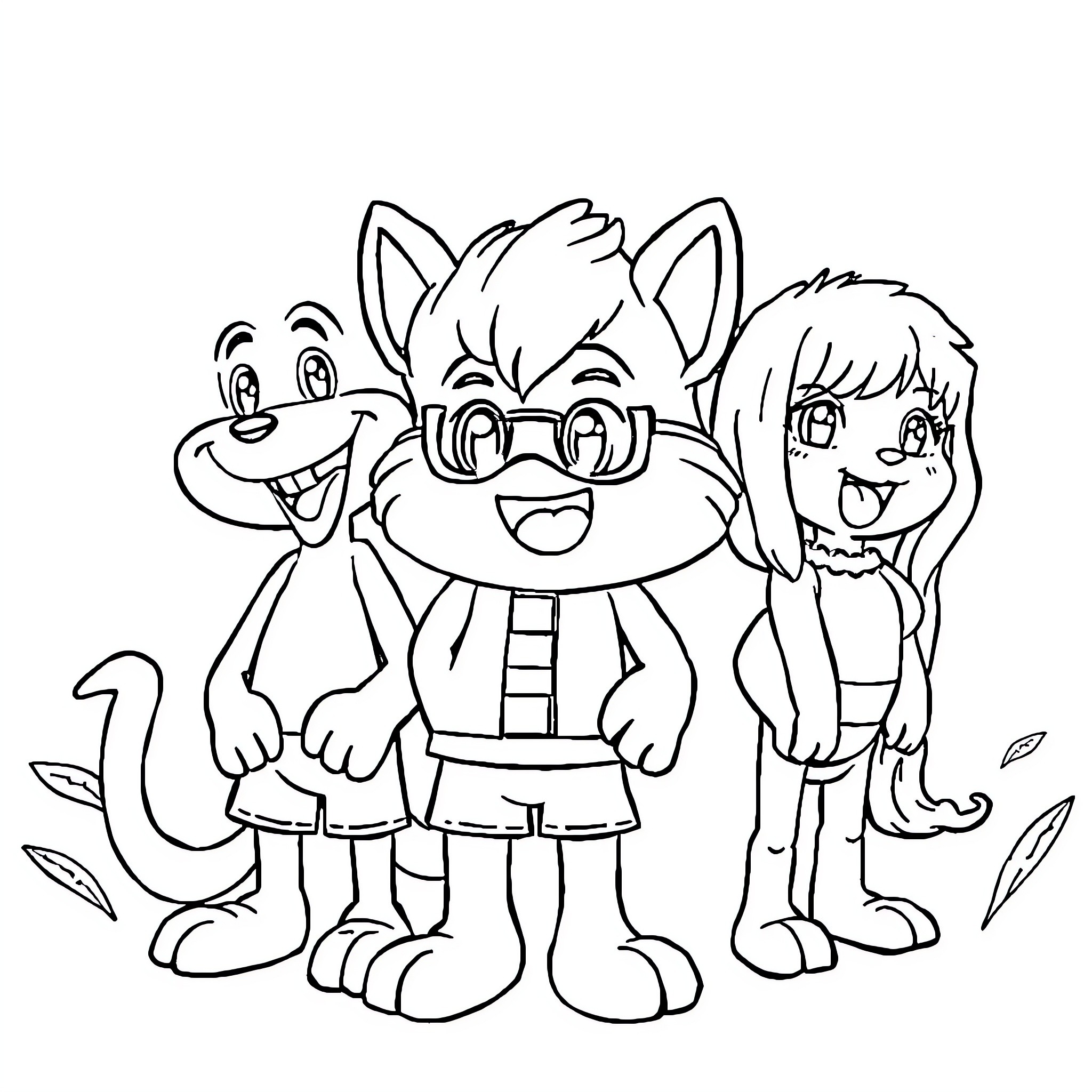 Pet Cartoon Animals in Playful Outfits Coloring Page (free black-and-white line drawing printable PDF for all, from beginners to advanced learners, including children, teens, adults, and seniors)
