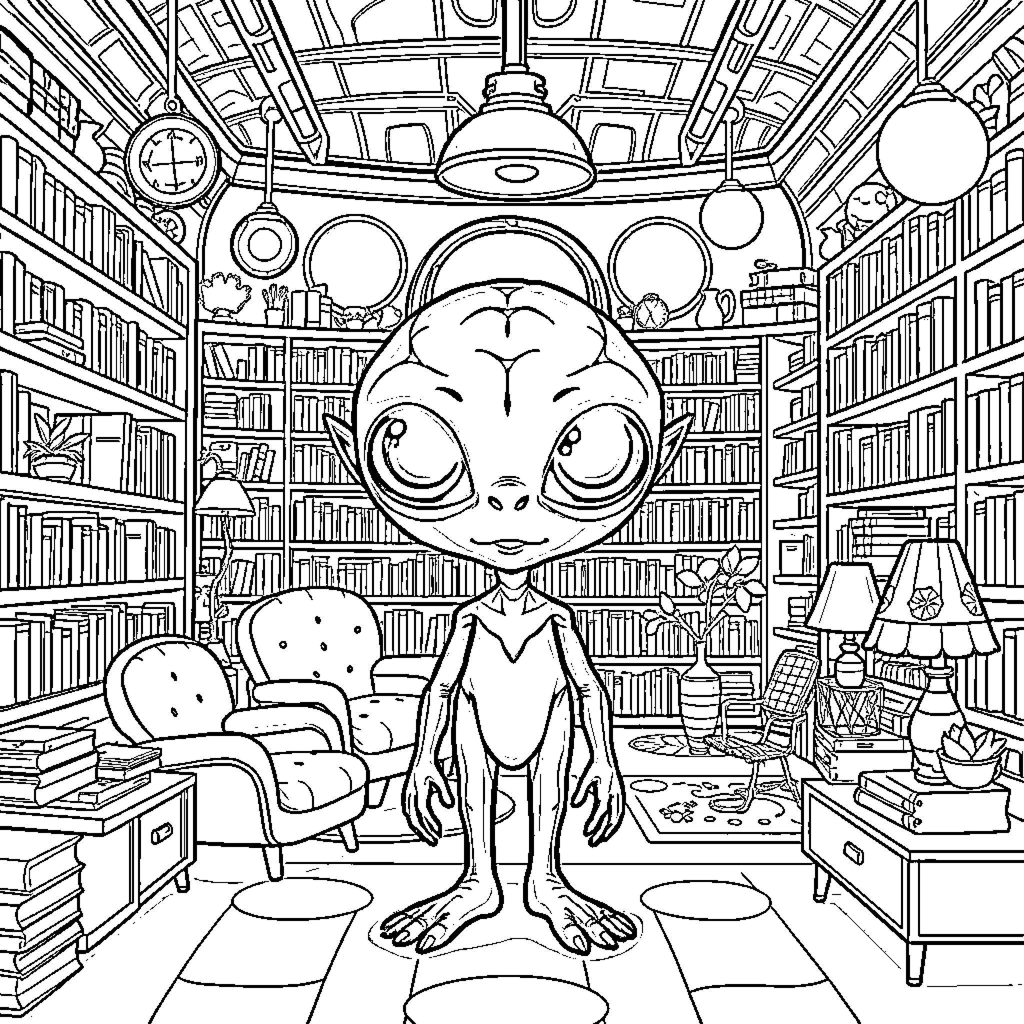Alien exploring a cozy library Coloring Page (free black-and-white line drawing printable PDF for all, from beginners to advanced learners, including children, teens, adults, and seniors)