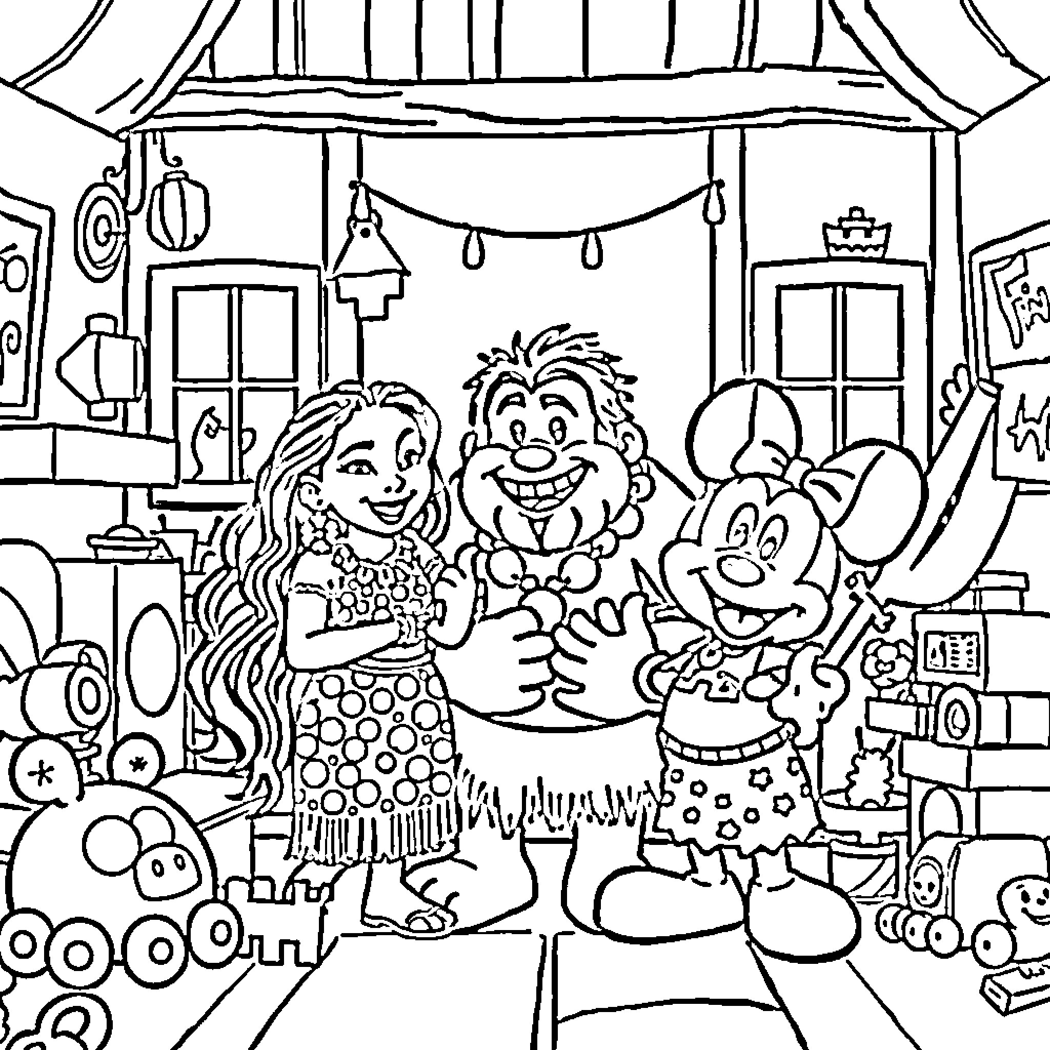 Moana's Lively Adventure in a Whimsical Playhouse Coloring Page (free black-and-white line drawing printable PDF for all, from beginners to advanced learners, including children, teens, adults, and seniors)