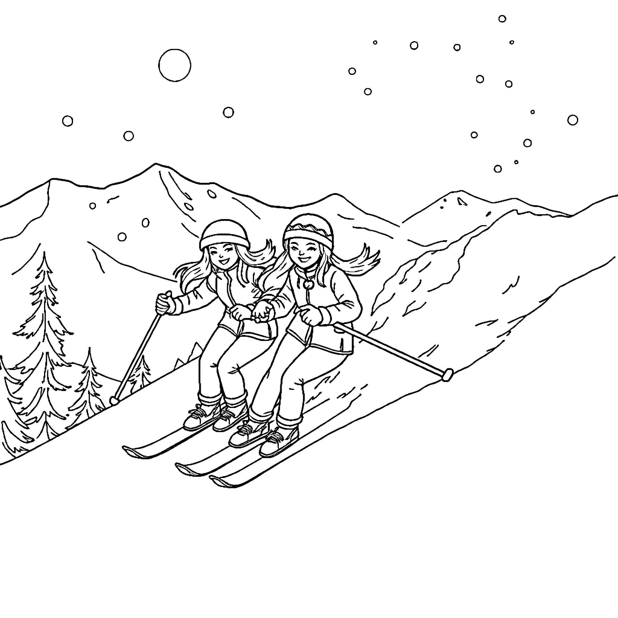 Girls skiing on snowy mountain slopes Coloring Page (free black-and-white line drawing printable PDF for all, from beginners to advanced learners, including children, teens, adults, and seniors)