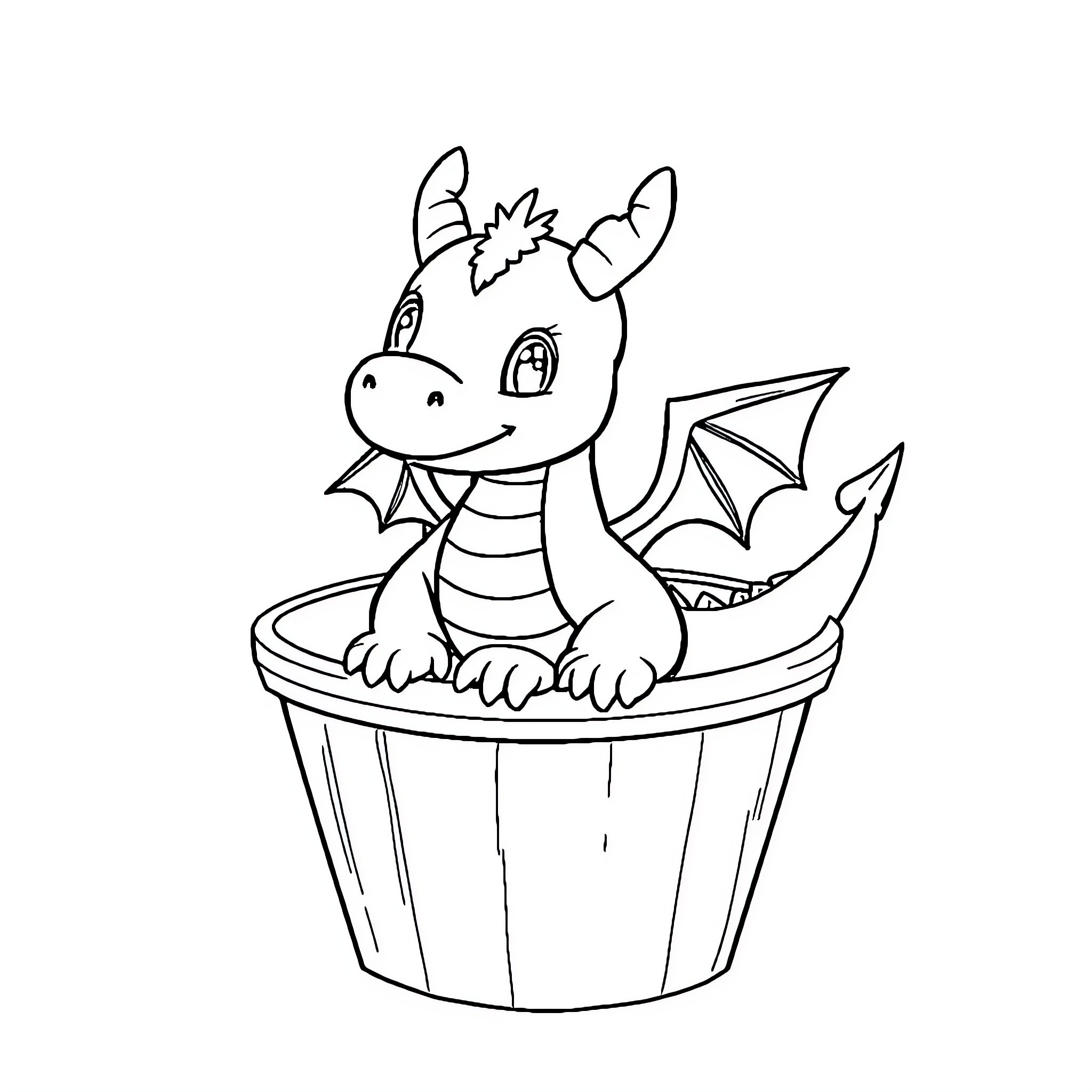 Dragon hatchling in a cozy cup Coloring Page (free black-and-white line drawing printable PDF for all, from beginners to advanced learners, including children, teens, adults, and seniors)
