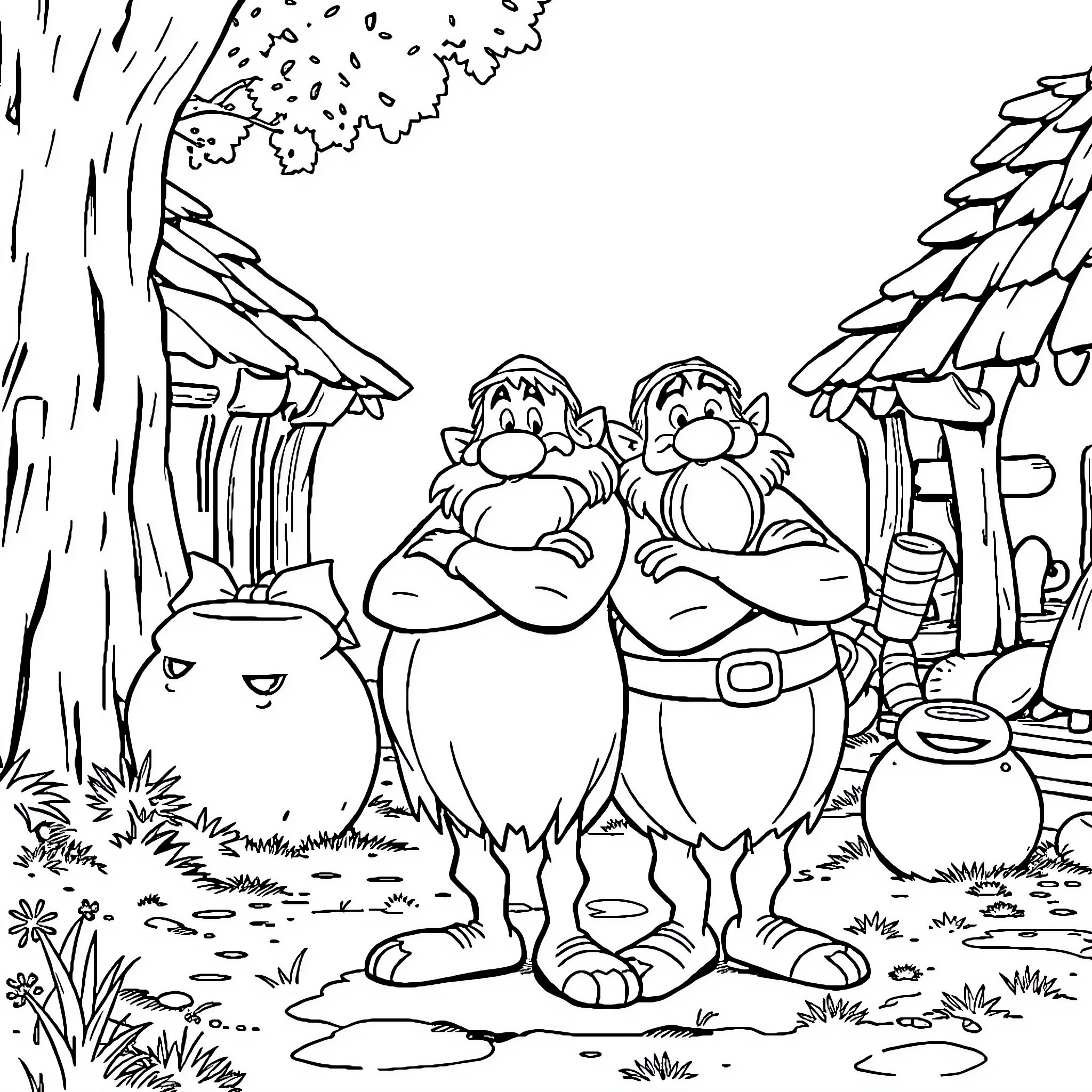 Asterix and Obelix in the Forest Adventure Coloring Page (free black-and-white line drawing printable PDF for all, from beginners to advanced learners, including children, teens, adults, and seniors)