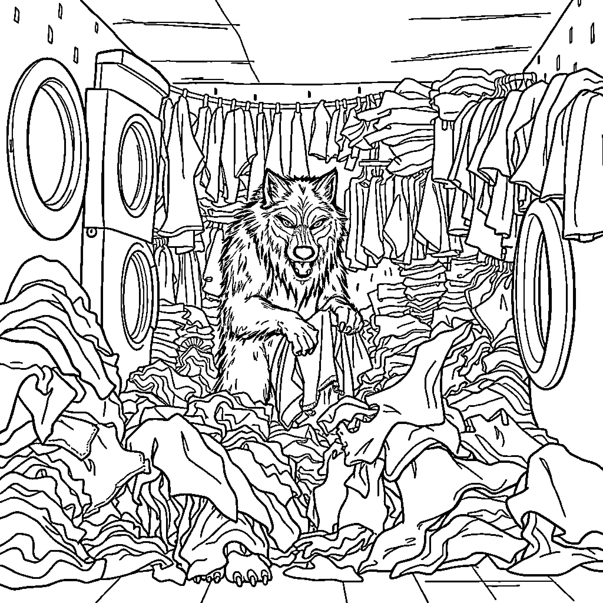 Werewolf lurking in a cluttered laundromat Coloring Page (free black-and-white line drawing printable PDF for all, from beginners to advanced learners, including children, teens, adults, and seniors)