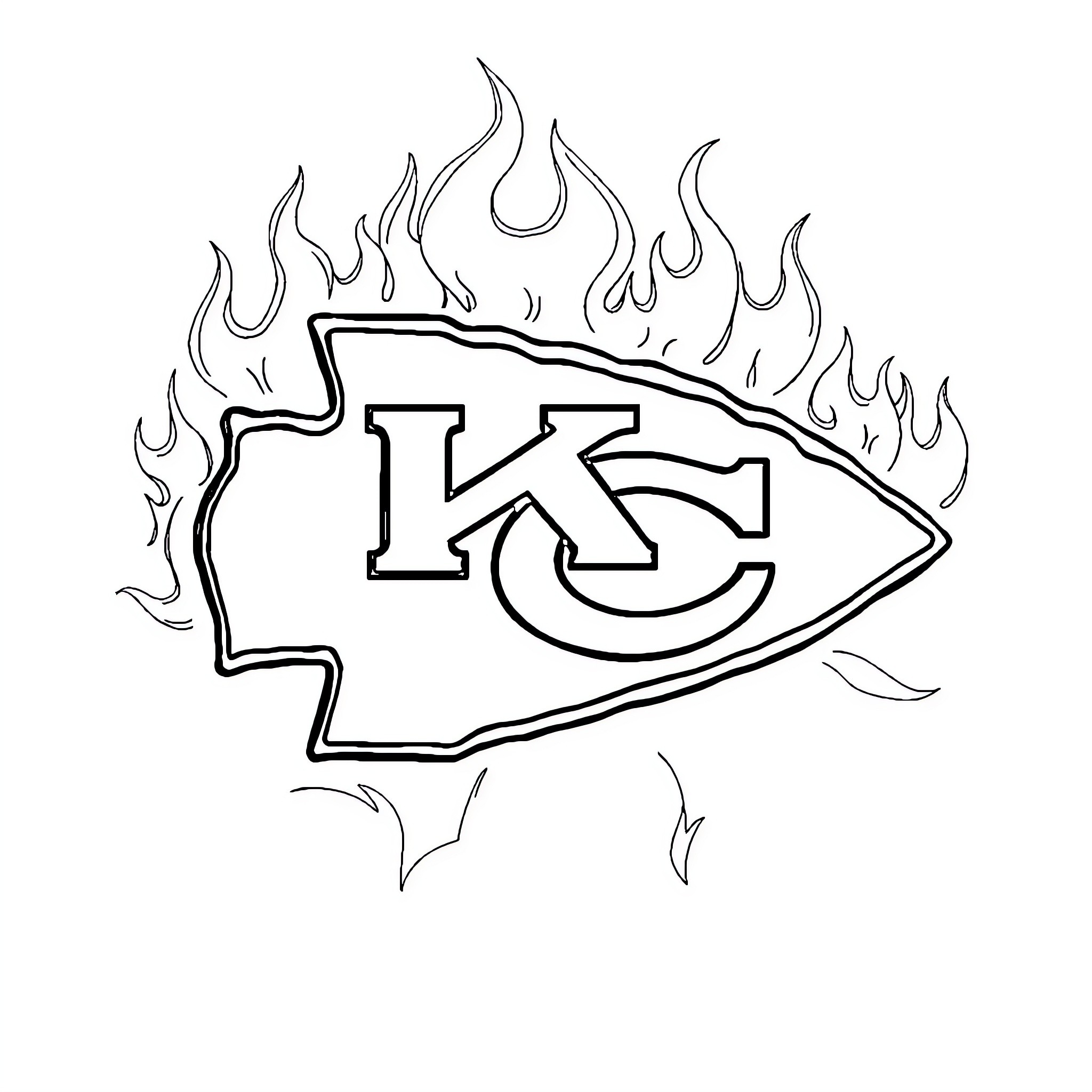 Kansas City Chiefs logo surrounded by flames Coloring Page (free black-and-white line drawing printable PDF for all, from beginners to advanced learners, including children, teens, adults, and seniors)