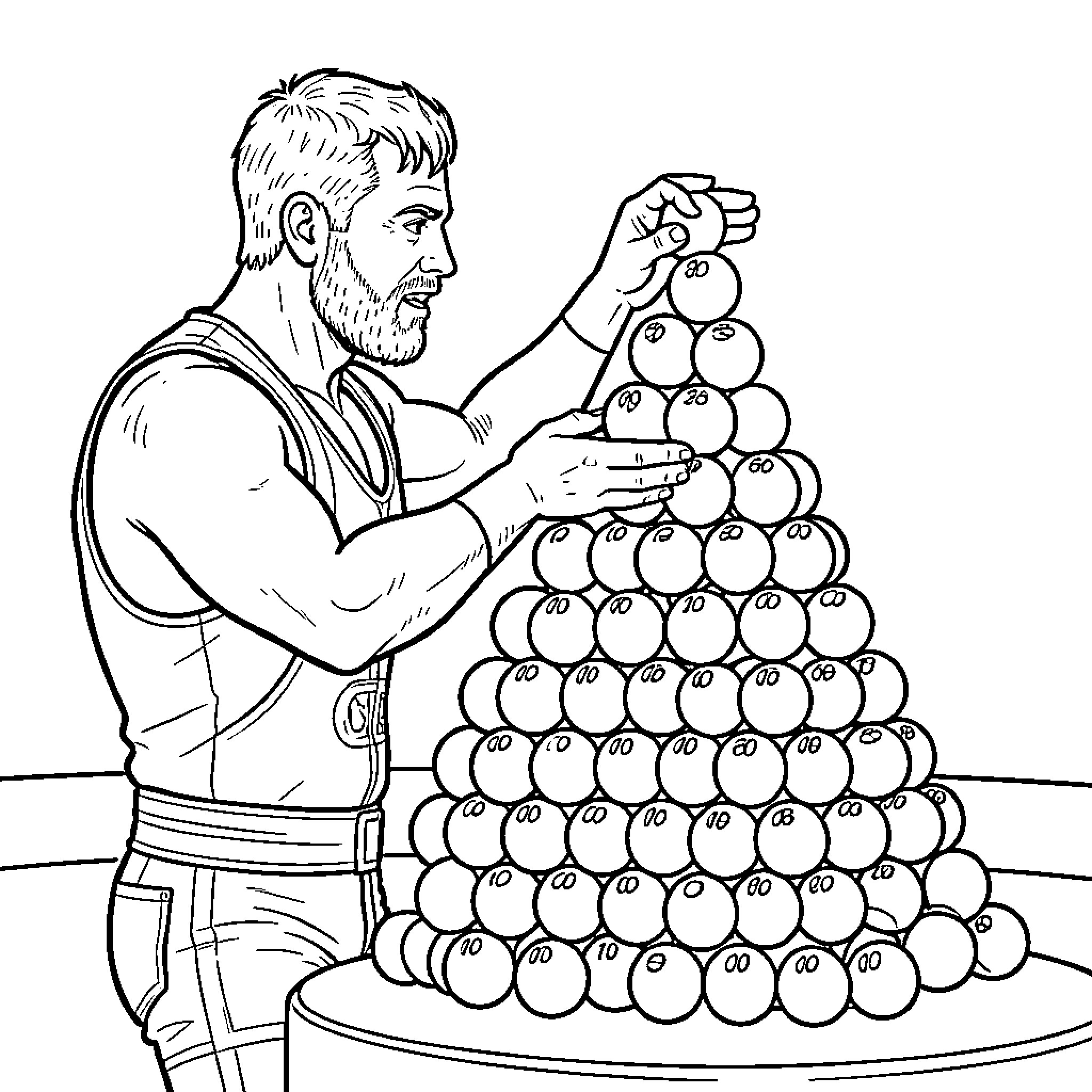 Sheamus arranging a large stack of billiard balls Coloring Page (free black-and-white line drawing printable PDF for all, from beginners to advanced learners, including children, teens, adults, and seniors)