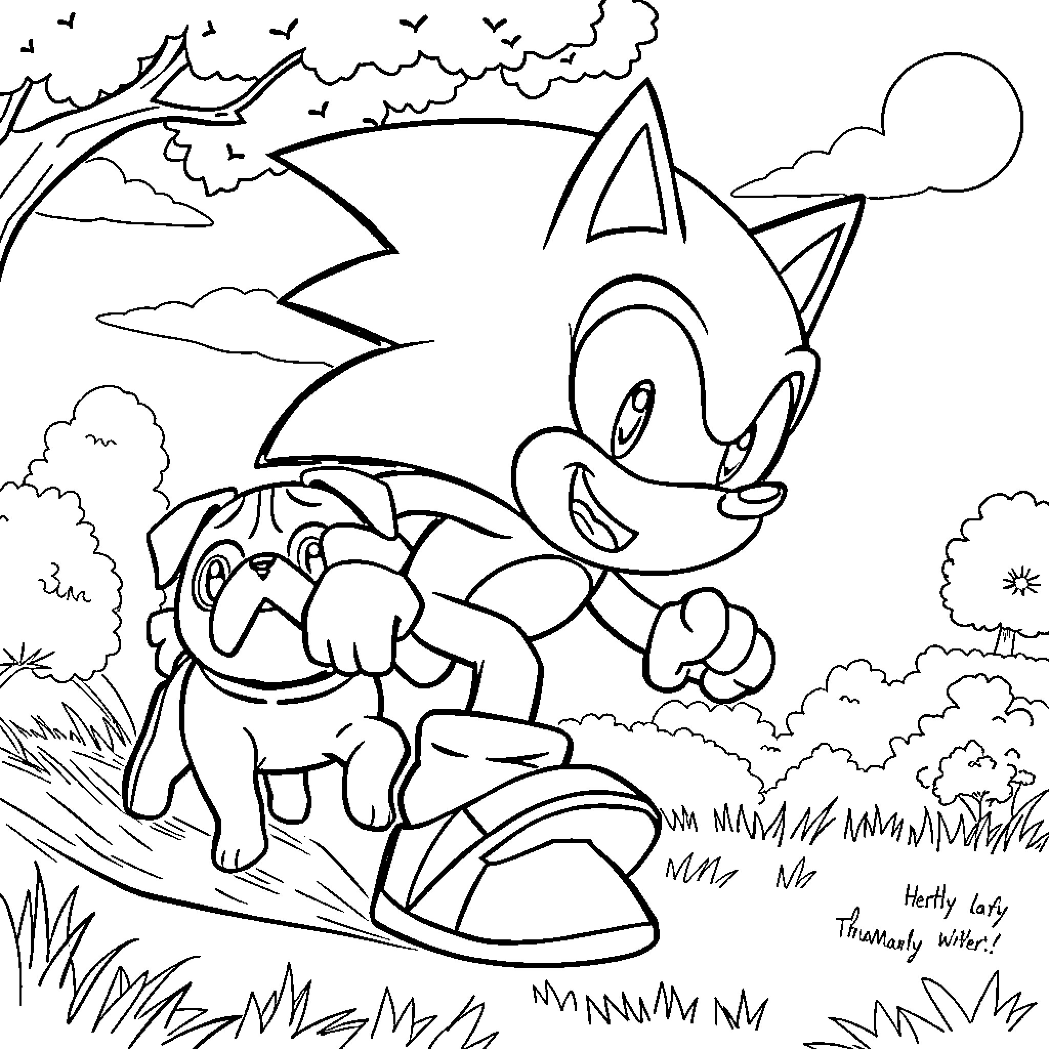 Sonic character in playful outdoor scene Coloring Page (free black-and-white line drawing printable PDF for all, from beginners to advanced learners, including children, teens, adults, and seniors)