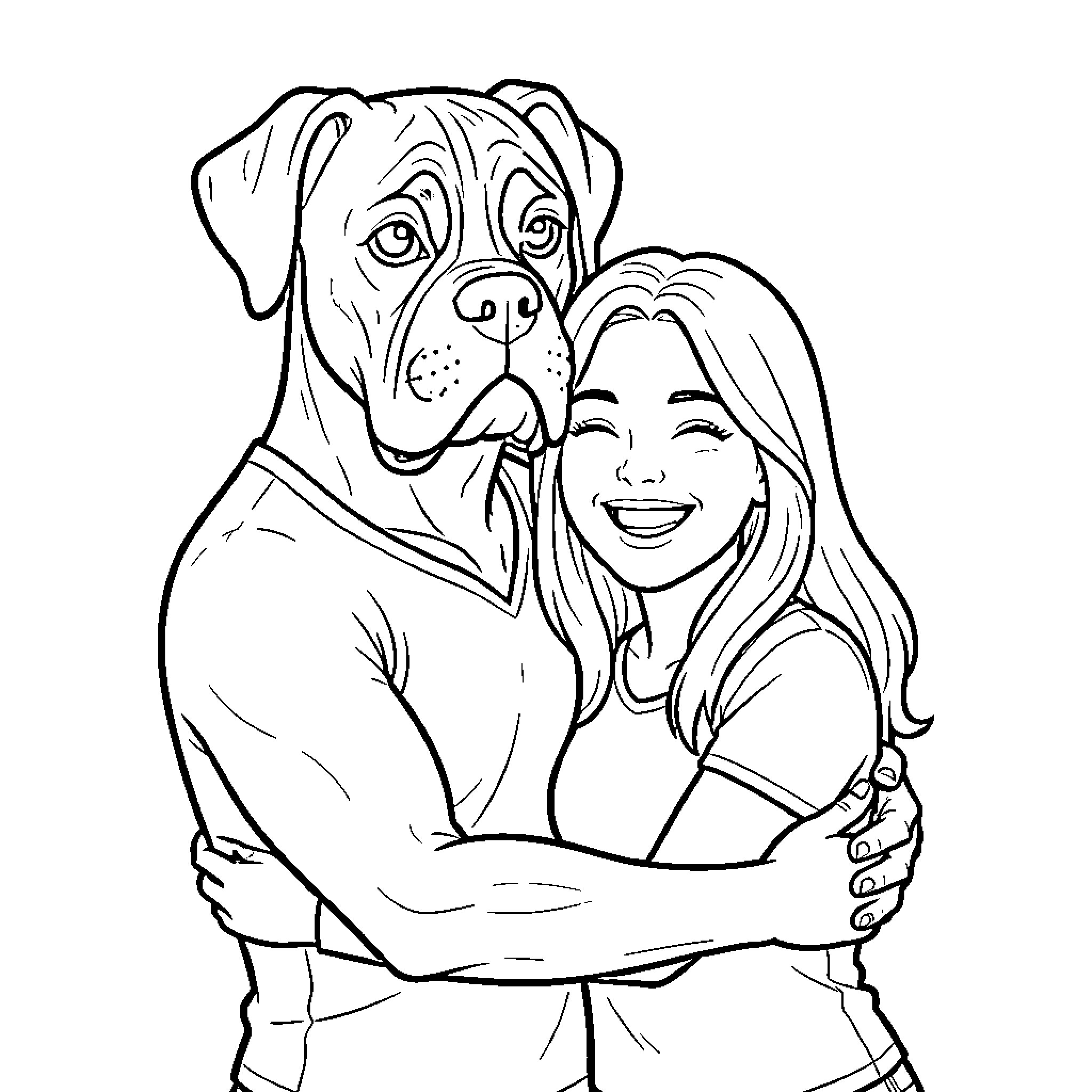 Perro hugging a smiling young woman warmly Coloring Page (free black-and-white line drawing printable PDF for all, from beginners to advanced learners, including children, teens, adults, and seniors)