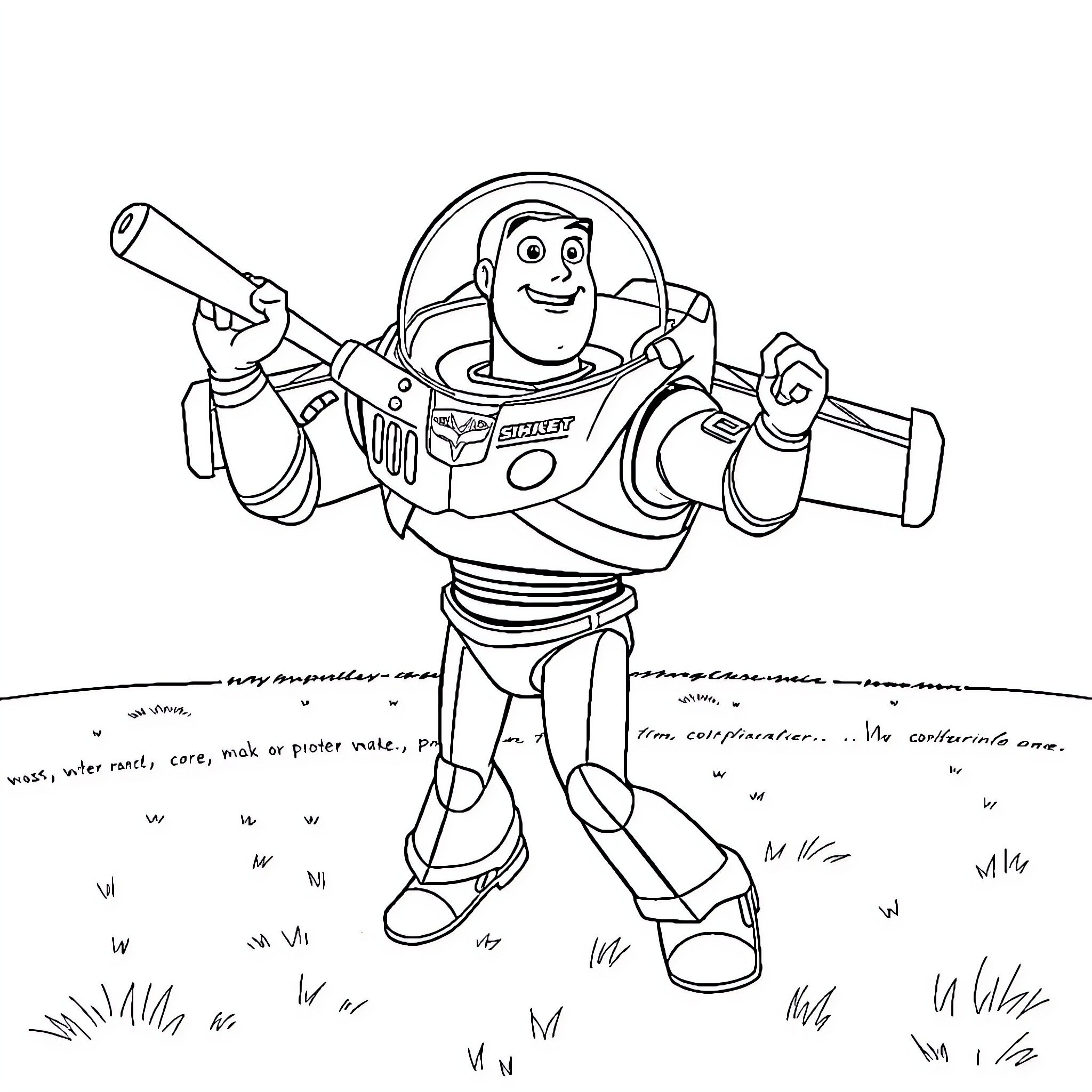 Buzz Lightyear springing into action on a grassy field Coloring Page (free black-and-white line drawing printable PDF for all, from beginners to advanced learners, including children, teens, adults, and seniors)