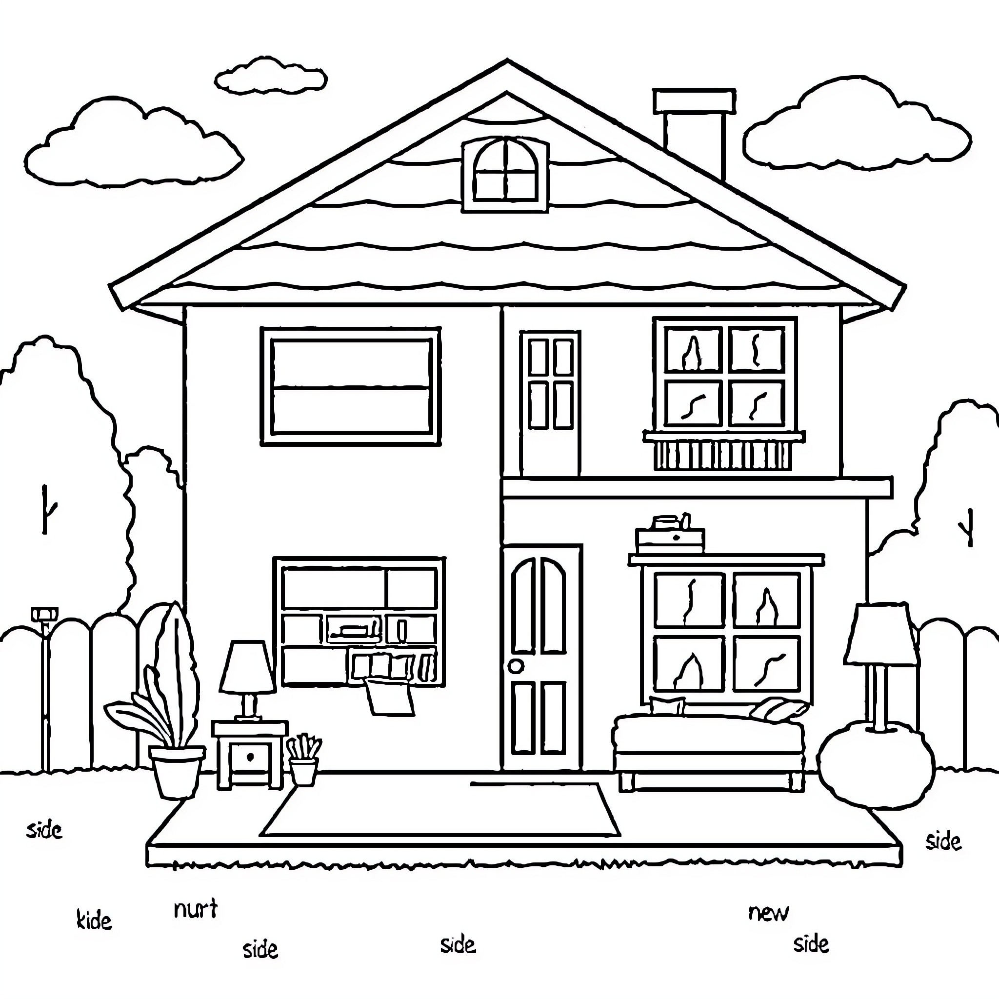 House with Cozy Interiors and Outdoor Scenery Coloring Page (free black-and-white line drawing printable PDF for all, from beginners to advanced learners, including children, teens, adults, and seniors)