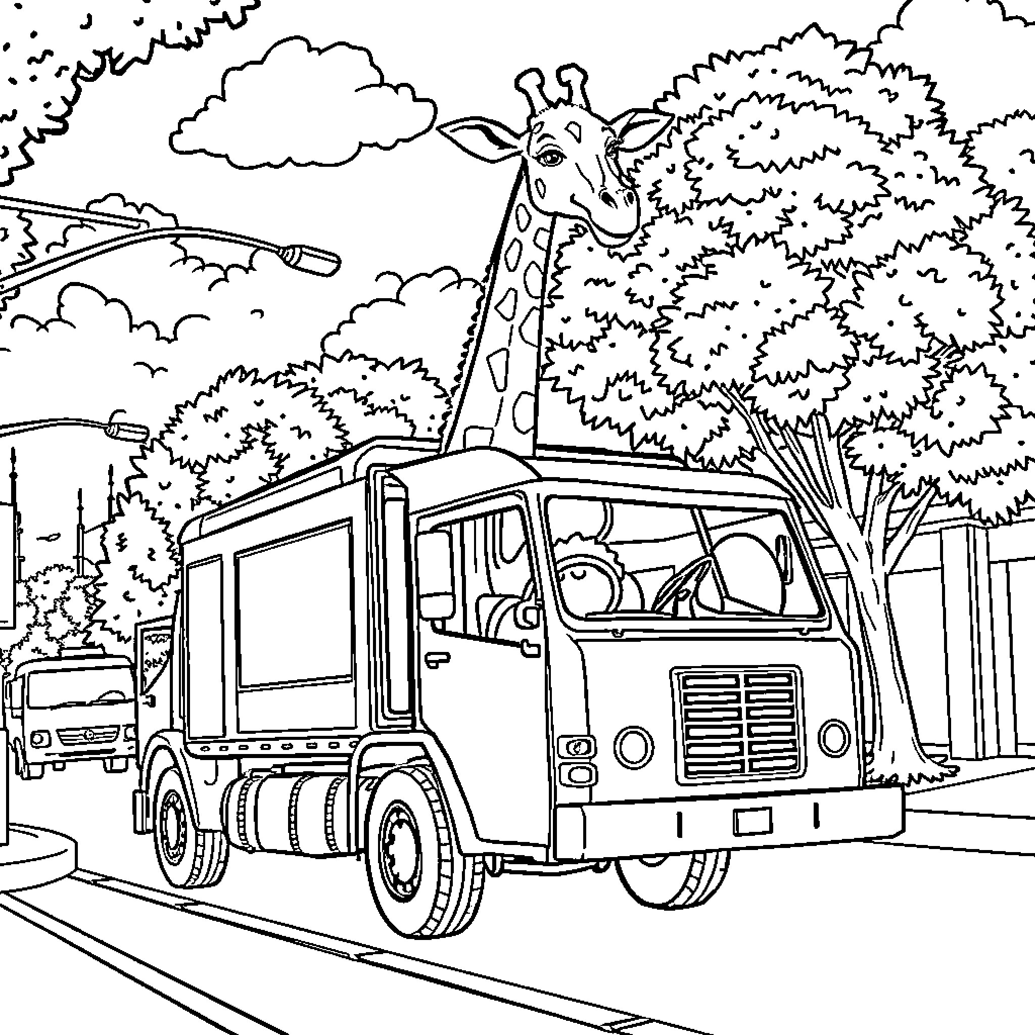 Giraffe riding on a garbage truck in the park Coloring Page (free black-and-white line drawing printable PDF for all, from beginners to advanced learners, including children, teens, adults, and seniors)