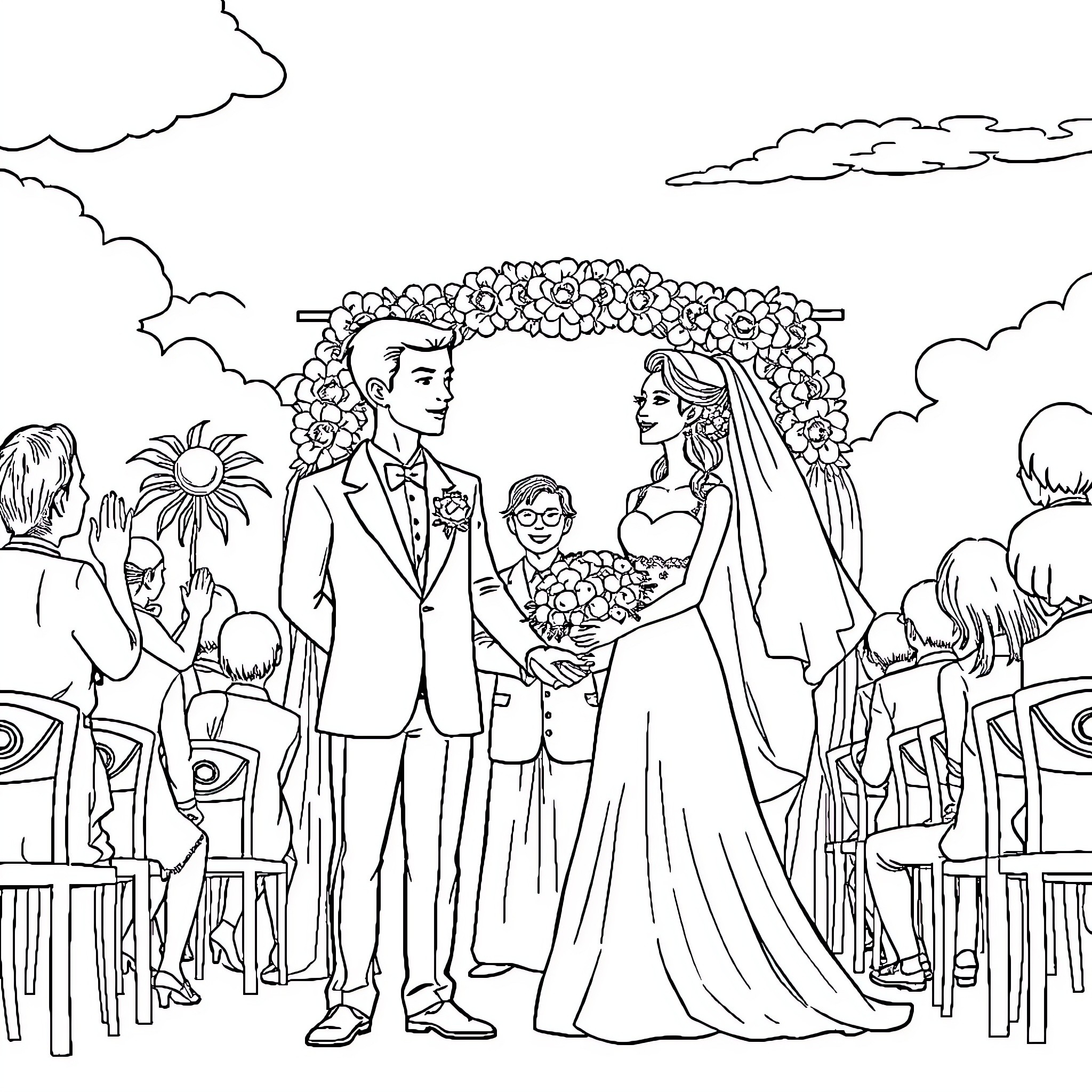Wedding ceremony with bride, groom, and guests Coloring Page (free black-and-white line drawing printable PDF for all, from beginners to advanced learners, including children, teens, adults, and seniors)