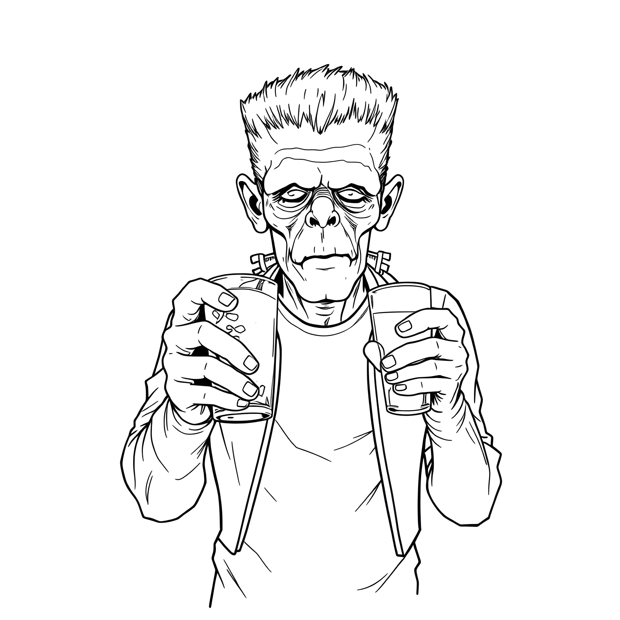 Frankenstein's monster displaying electrical apparatus Coloring Page (free black-and-white line drawing printable PDF for all, from beginners to advanced learners, including children, teens, adults, and seniors)