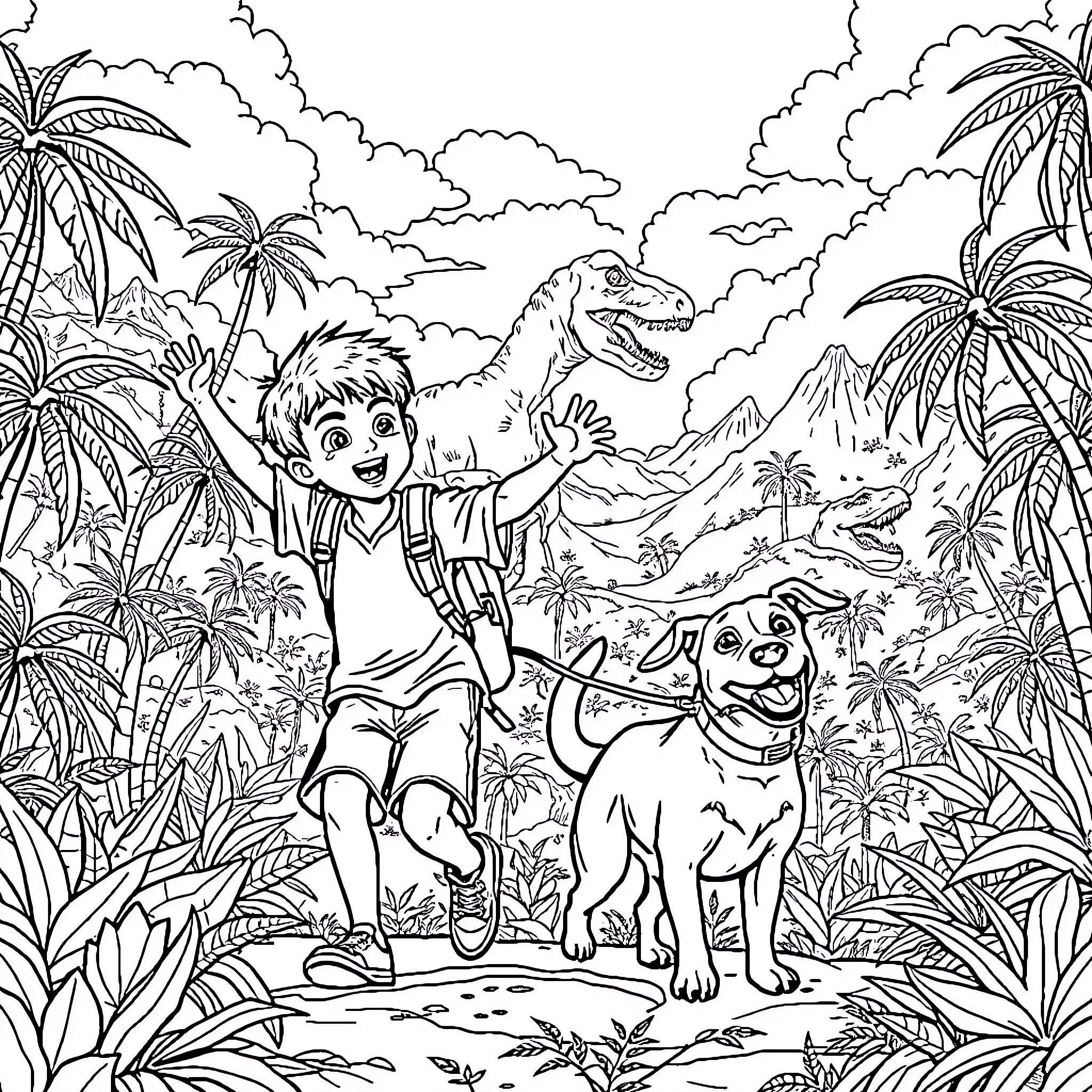 Boy and his dog explore prehistoric landscape Coloring Page (free black-and-white line drawing printable PDF for all, from beginners to advanced learners, including children, teens, adults, and seniors)