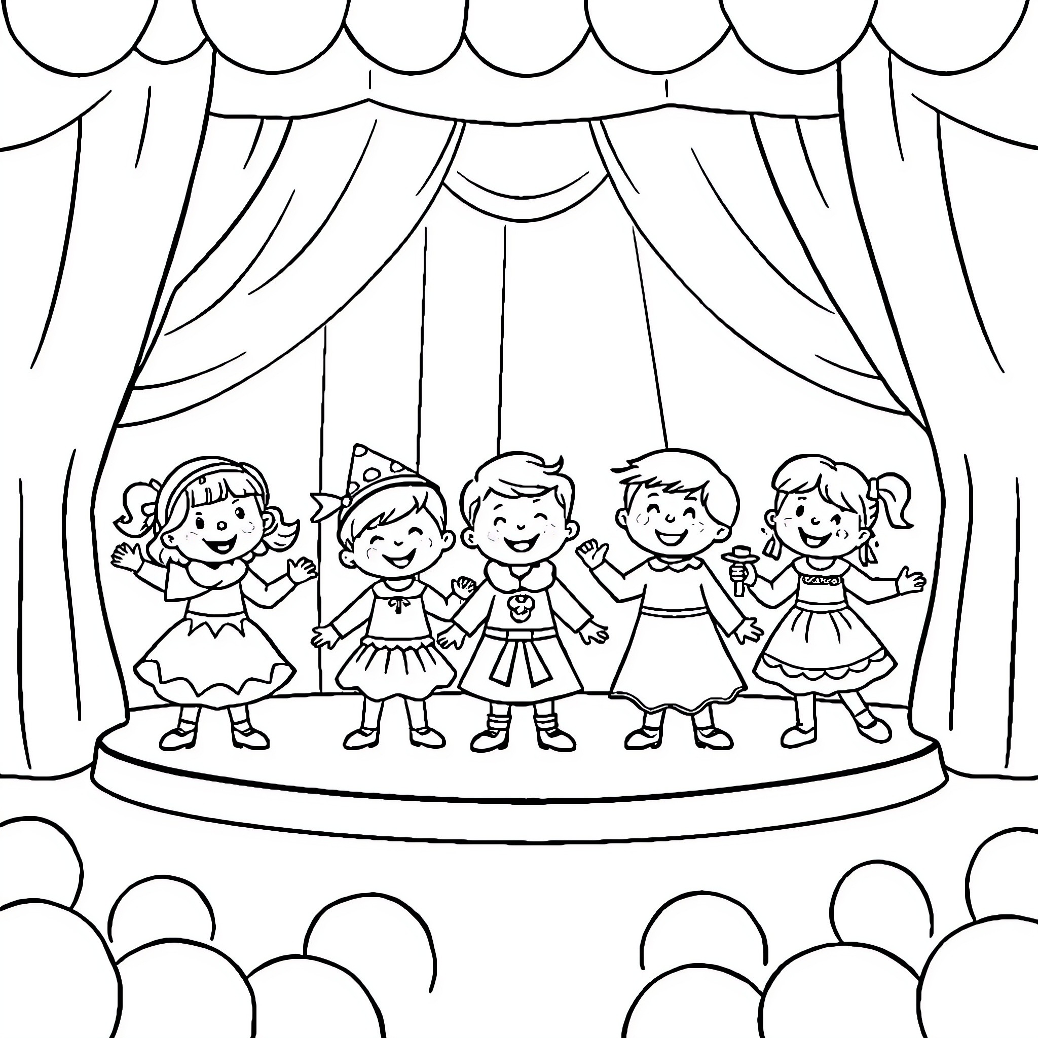 Kid actors performing on a stage Coloring Page (free black-and-white line drawing printable PDF for all, from beginners to advanced learners, including children, teens, adults, and seniors)