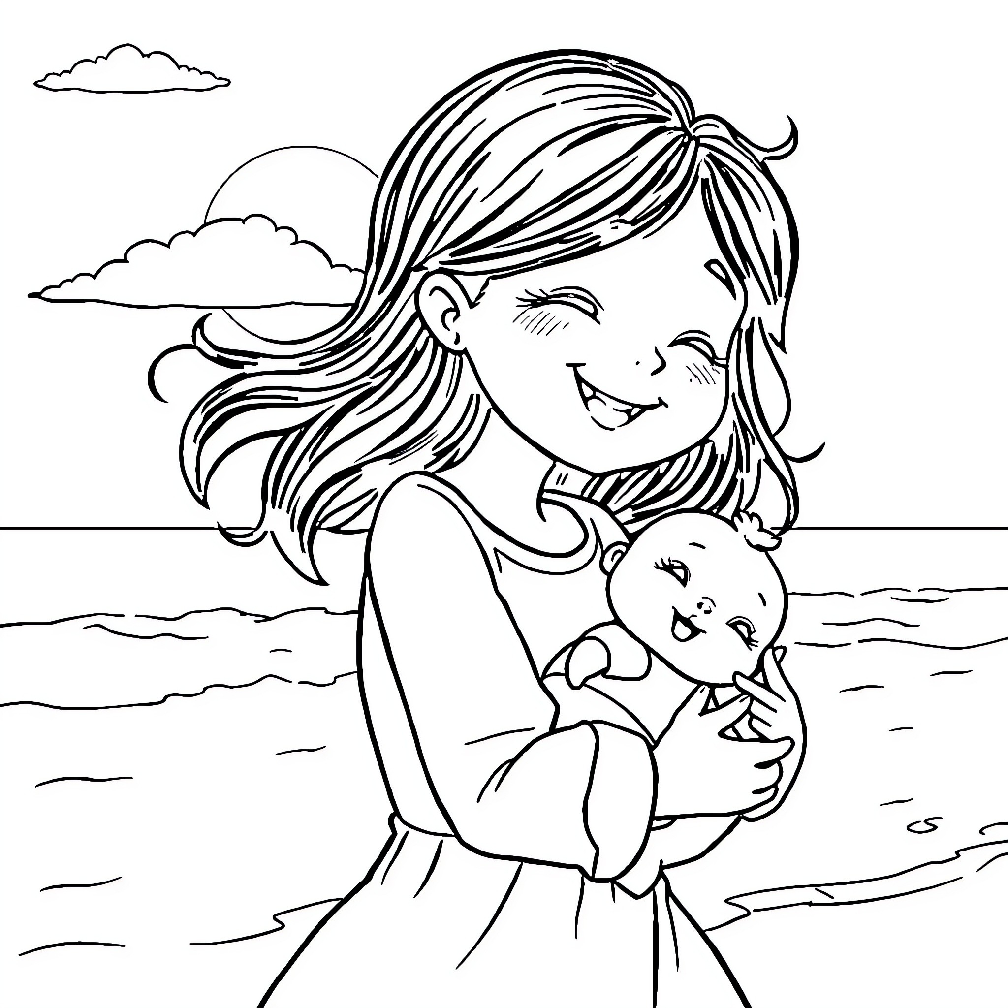 Girl cuddling baby by the ocean Coloring Page (free black-and-white line drawing printable PDF for all, from beginners to advanced learners, including children, teens, adults, and seniors)