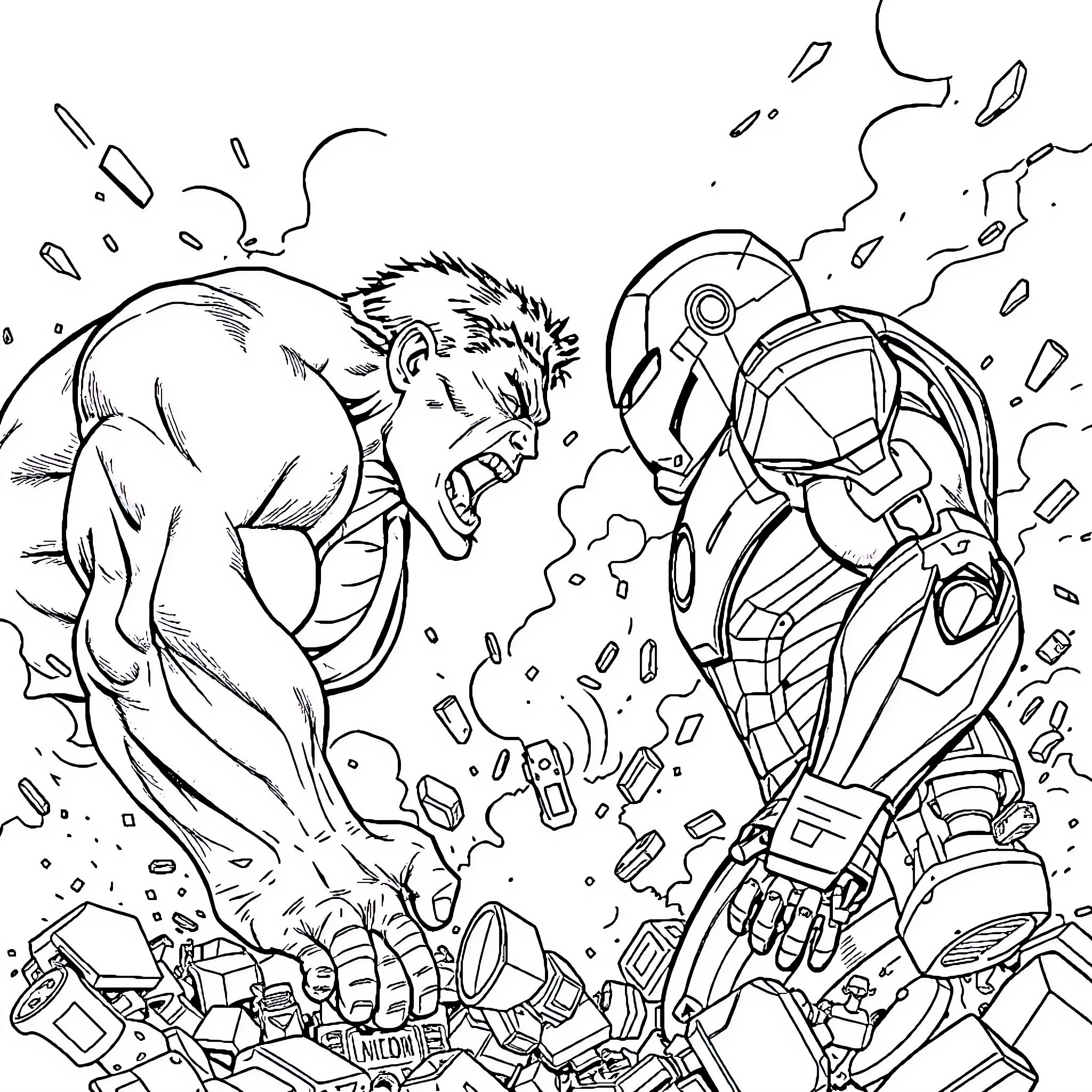 Hulk unleashing power against armored adversary Coloring Page (free black-and-white line drawing printable PDF for all, from beginners to advanced learners, including children, teens, adults, and seniors)