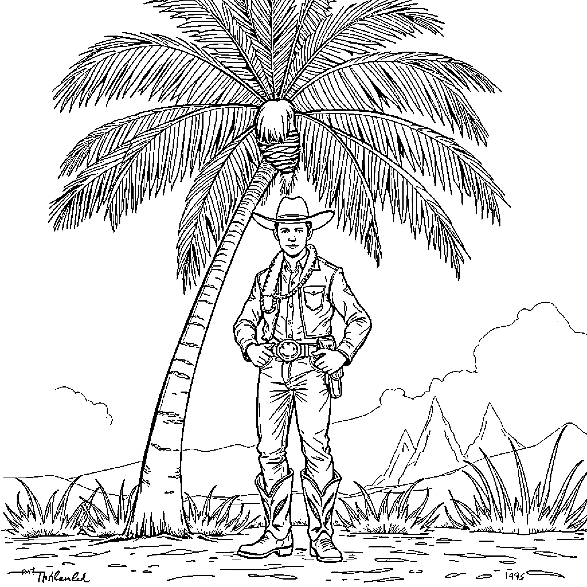 Cowboy standing under palm tree in tropical scene Coloring Page (free black-and-white line drawing printable PDF for all, from beginners to advanced learners, including children, teens, adults, and seniors)