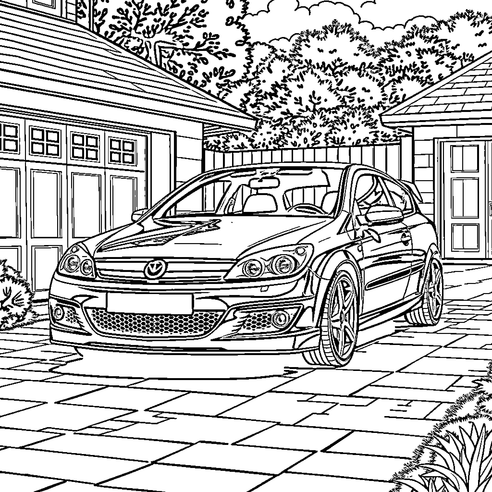 Astra's Sleek Car in Scenic Backyard Coloring Page (free black-and-white line drawing printable PDF for all, from beginners to advanced learners, including children, teens, adults, and seniors)