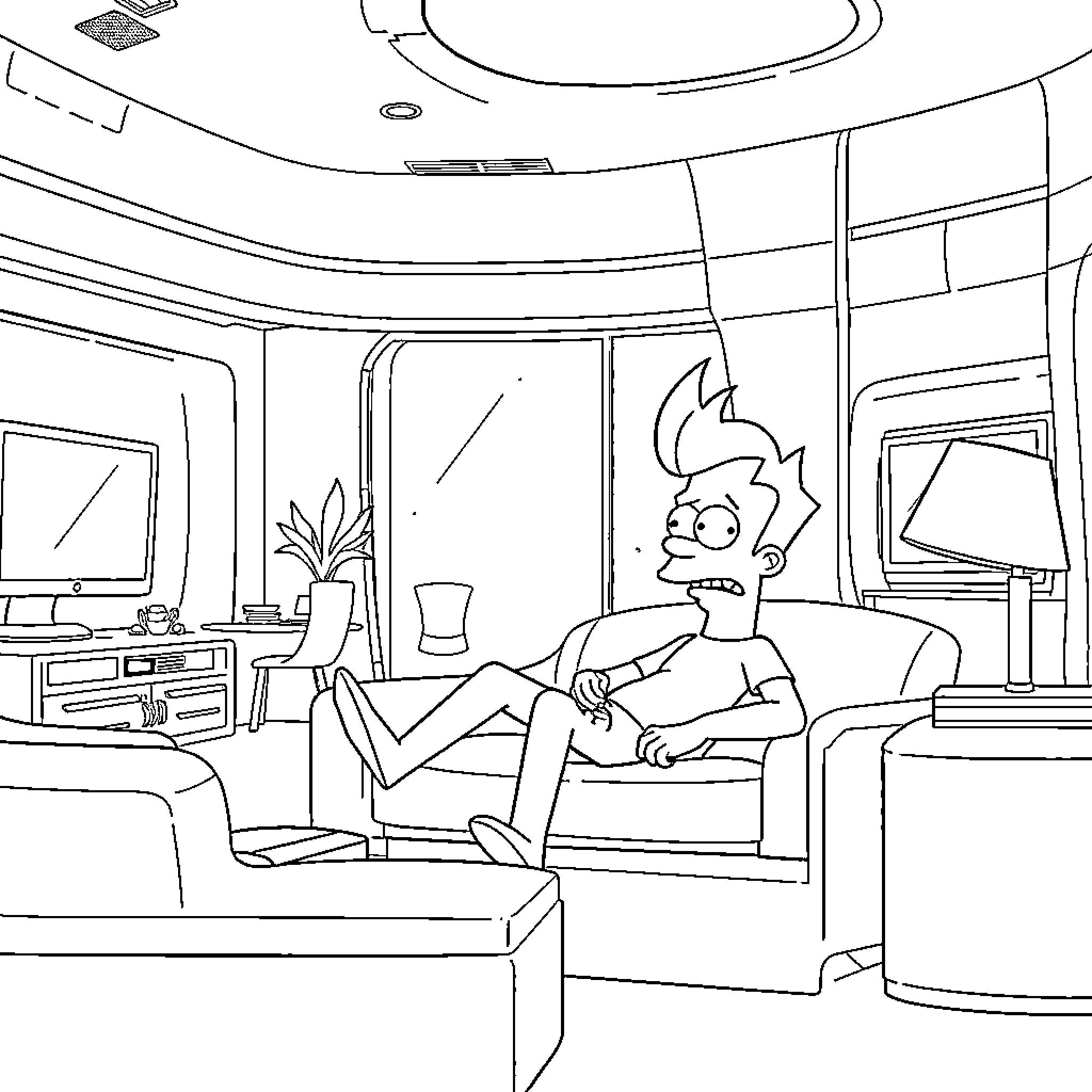 Fry relaxing in his futuristic living room Coloring Page (free black-and-white line drawing printable PDF for all, from beginners to advanced learners, including children, teens, adults, and seniors)